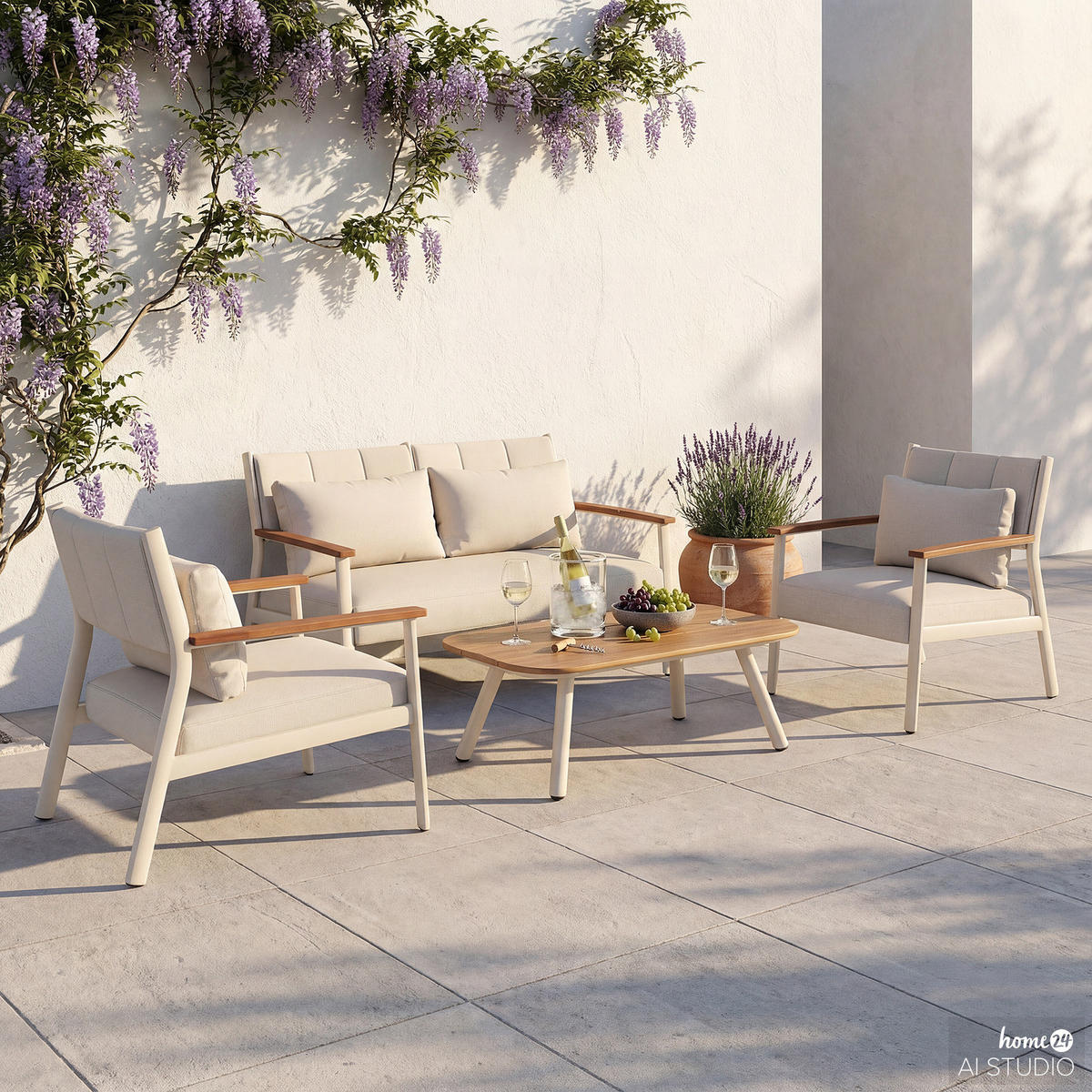 LOUNGESET - 4-teilig - Aluminium / Polyester - Beige - Beige, Holz/Textil (1/1/1cm) - home24