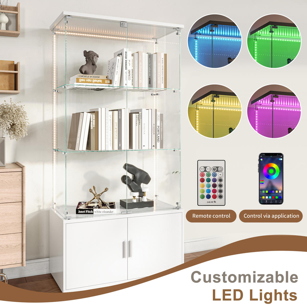 STANDVITRINE 78.5x164cm mit LED-Leisten, ESG-Glas, Weiß, abschließbar - Weiß, Glas (35/164/78.51cm) - SHOPENTRA