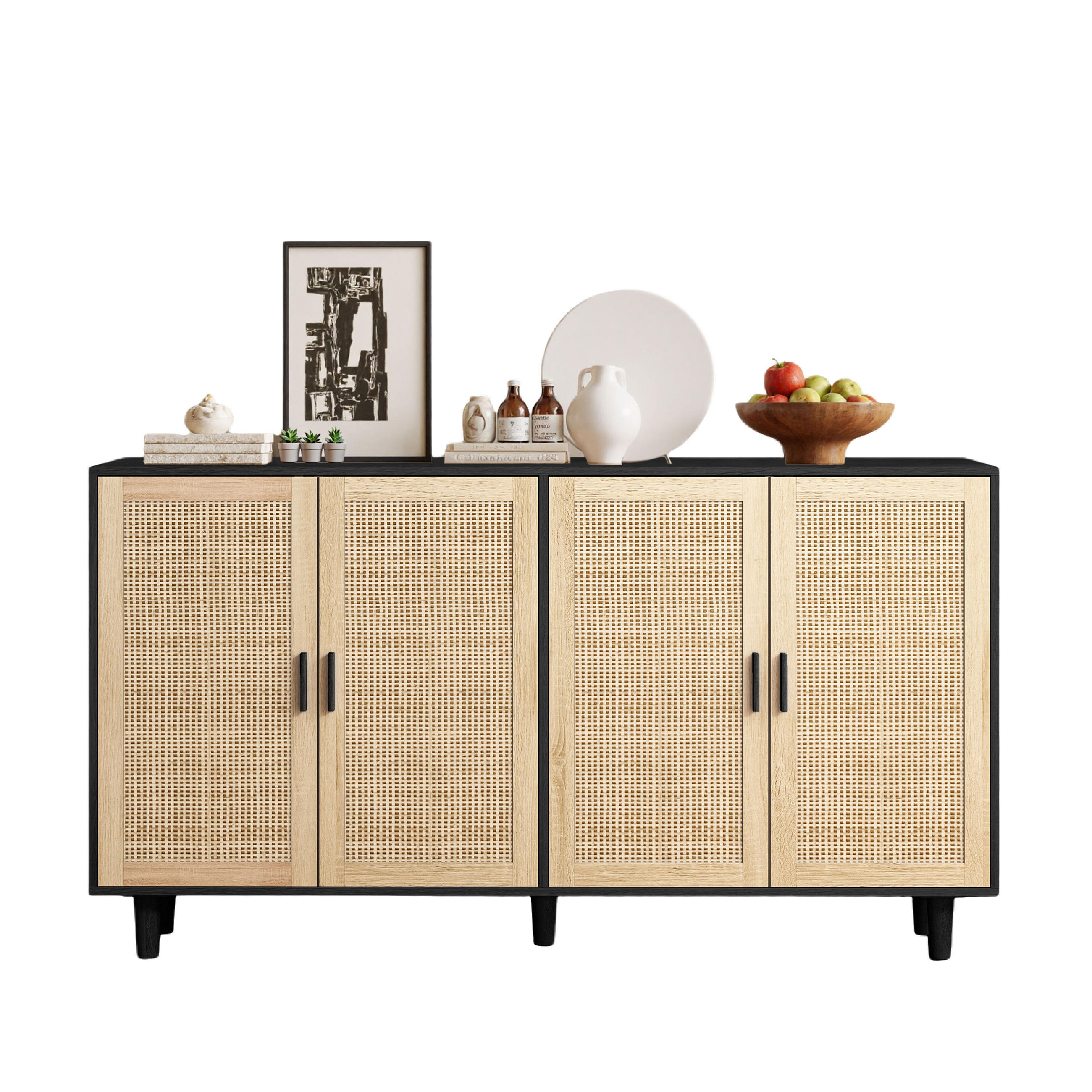 SIDEBOARD 158/40/88 cm schwarz aus Spanplatte mit Rattantüren - Schwarz, Holzwerkstoff (158/88/40cm) - OKWISH