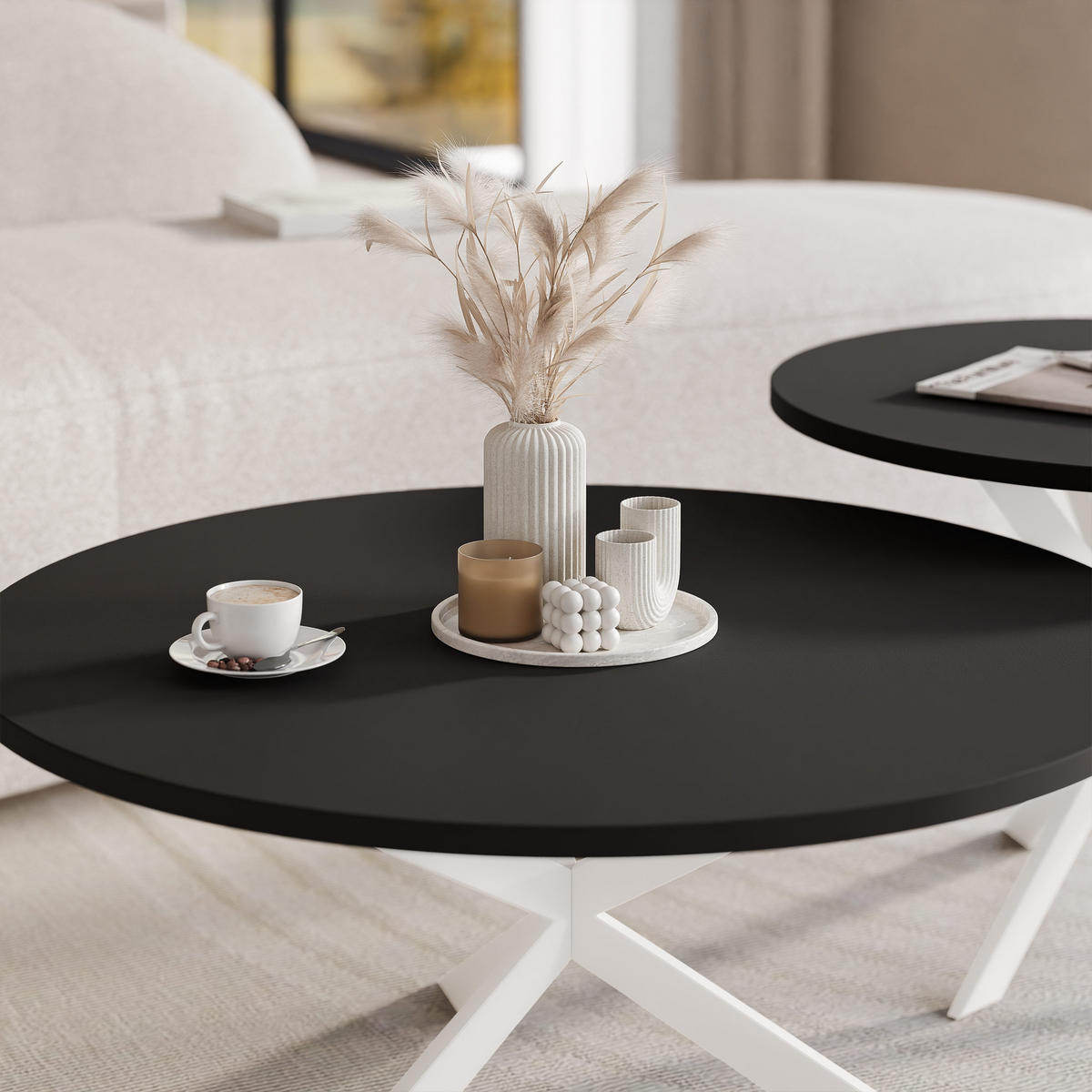 COUCHTISCH rund auf MDF, Schwarz - Schwarz/Weiß, Holzwerkstoff (75/75/36cm) - Idohome