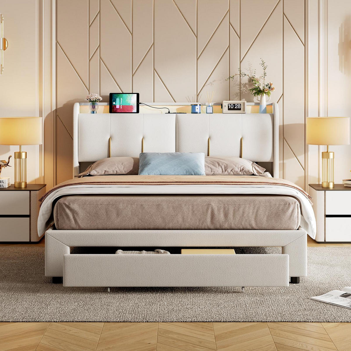 POLSTERBETT 140x200 cm Smart Storage Royale mit Hydraulik-System, LED & USB-C Ladestation, Samt, Beige - Beige, Textil (140/200cm) - DELFA