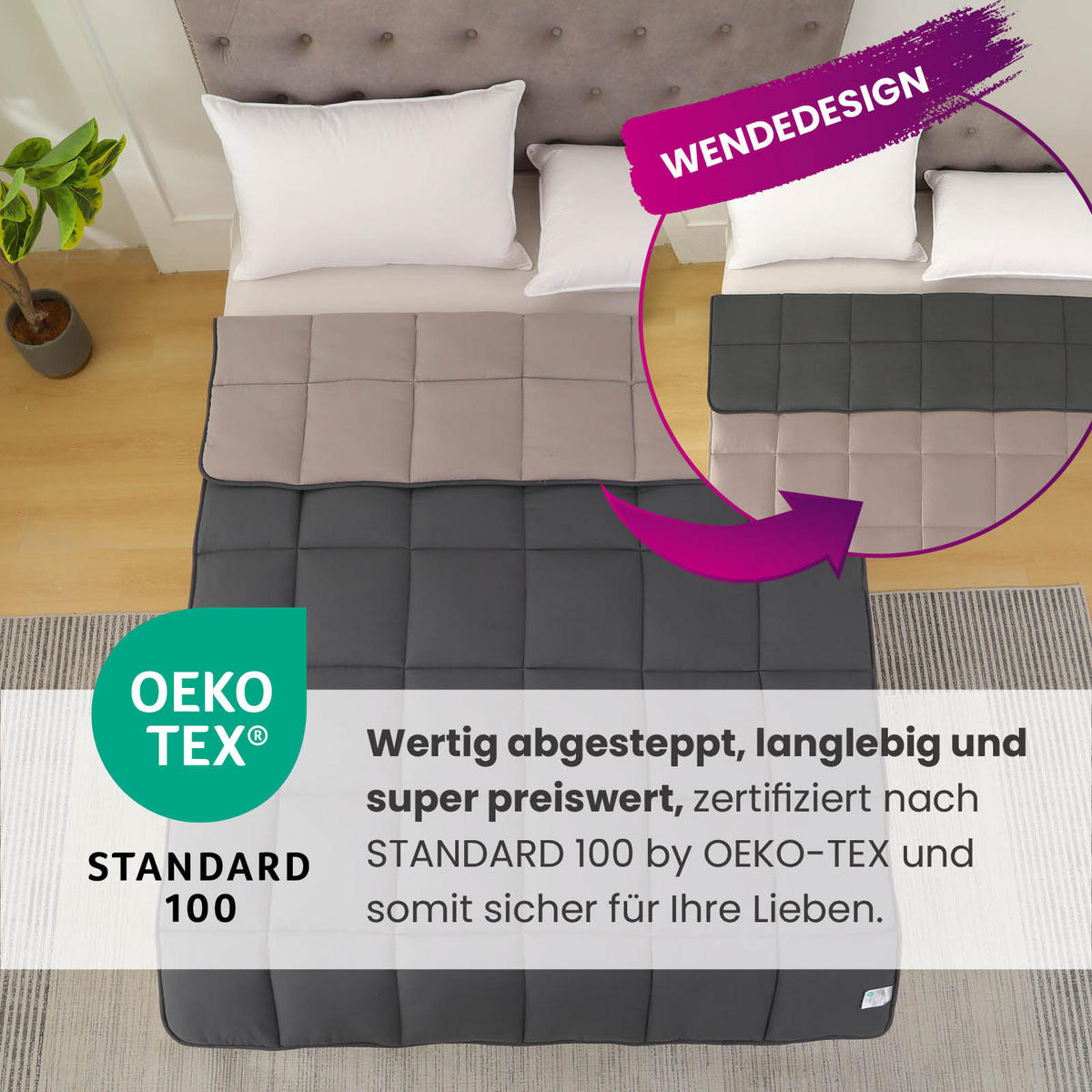 PLÜSCH Steppbett Bi-Color im Wende-Design grau 135x200 - Grau, Textil (135/200cm) - wometo