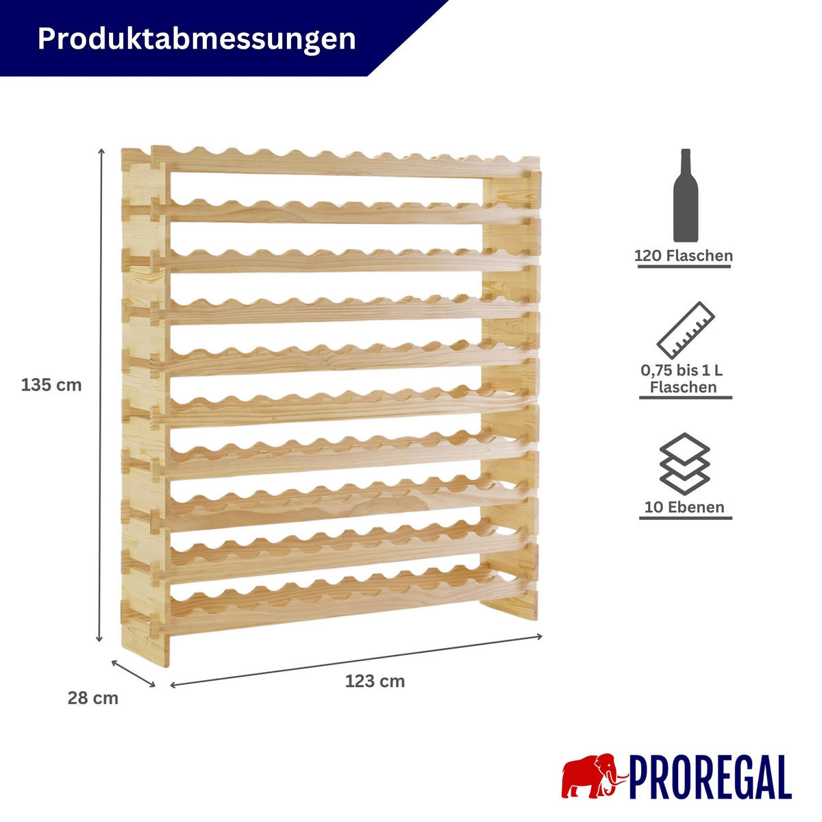 WEINREGAL NAVARRA aus Holz 135x123x28cm 120 Flaschen auf 10 Ebenen Natur unbehandelt - Naturfarben, Holz (123/135/28cm) - PROREGAL