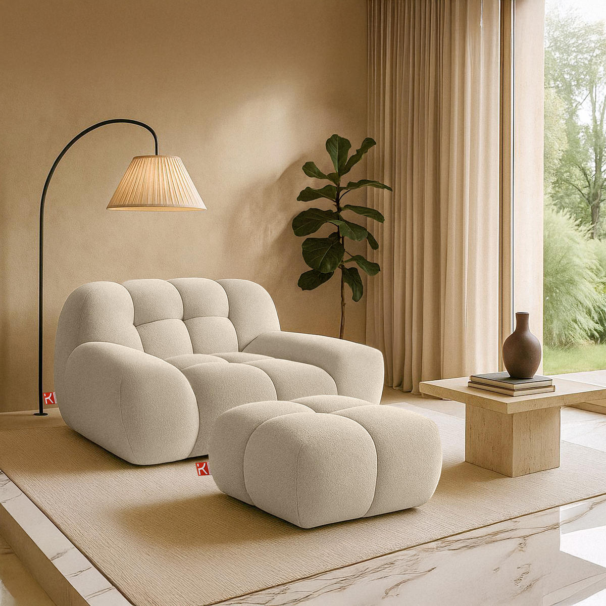 POUF VENA Bouclé, Weiß - Weiß, Holz/Textil (65/38/65cm) - KONSIMO®