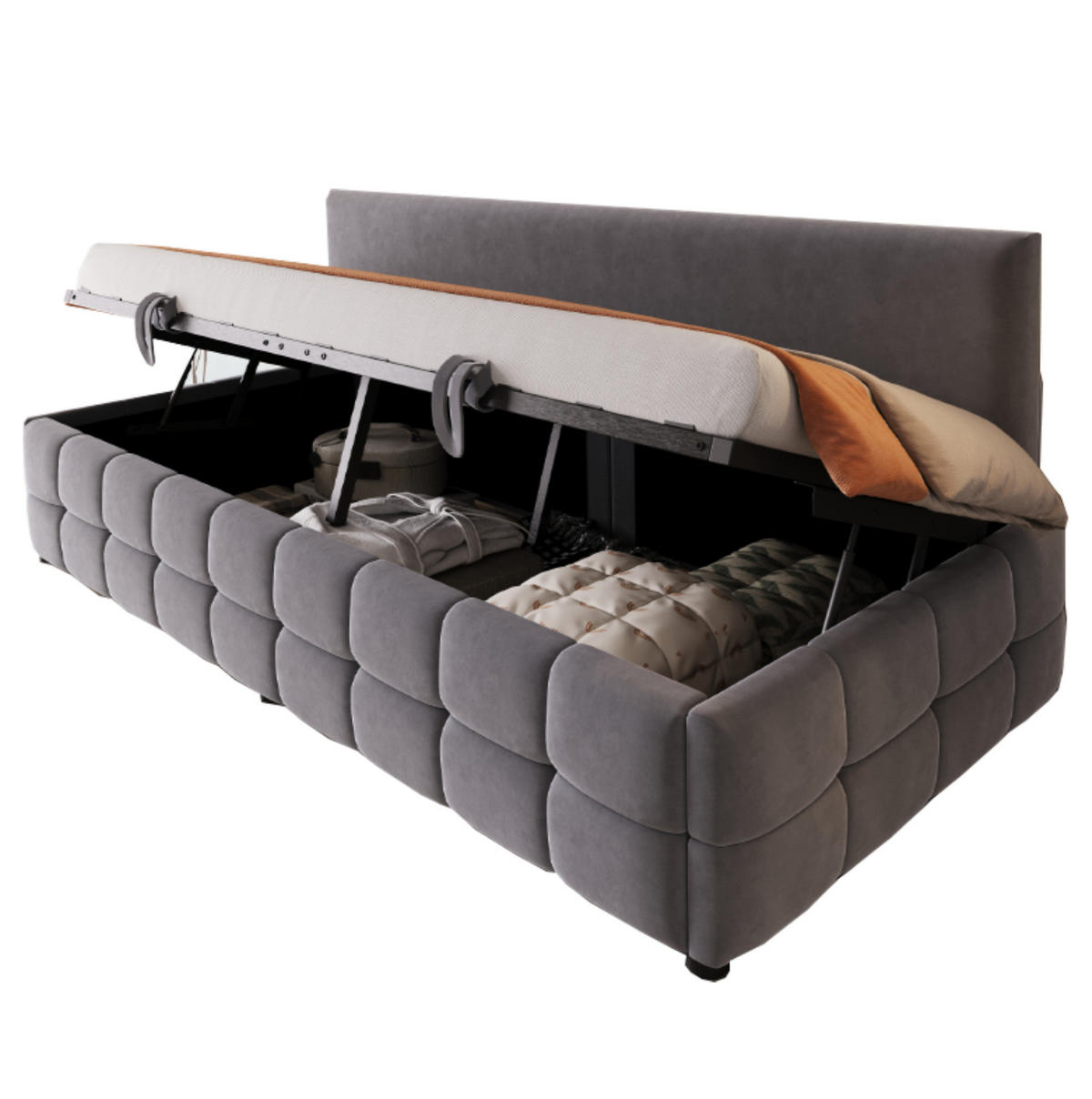 POLSTERBETT 90/200 cm Dunkelgrau mit hydraulischem Stauraum - Grau, Textil (90/200cm) - OKWISH