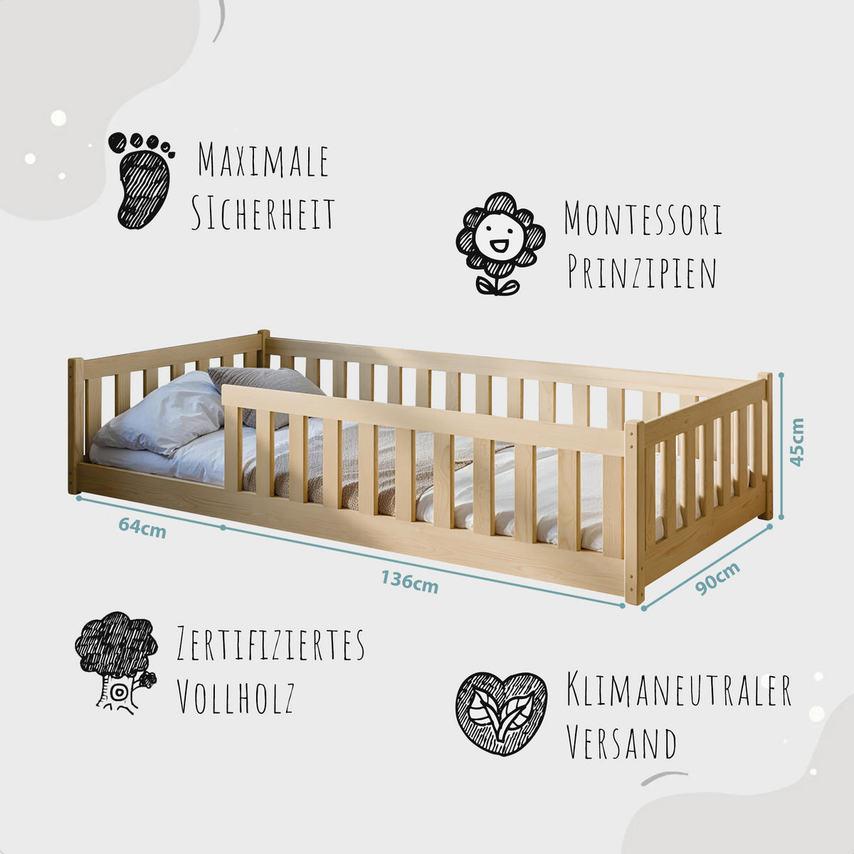 BODENBETT 90x200 cm in natur - Naturfarben, Holz (90/200cm) - Kids Collective