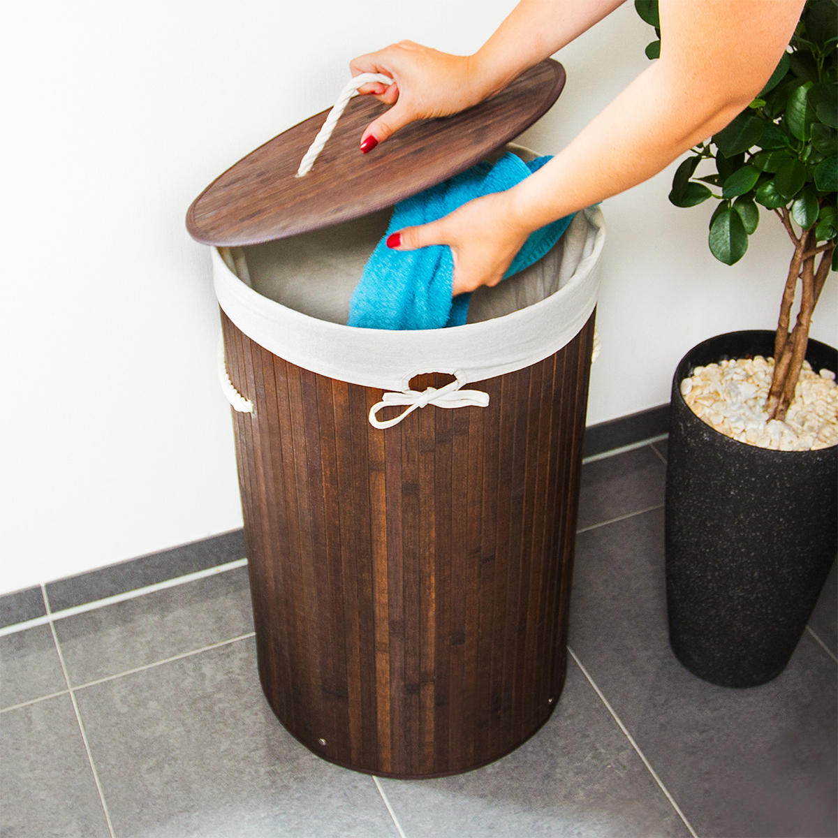 WÄSCHEKORB - Braun, Holz/Textil (41/65/41cm) - Relaxdays