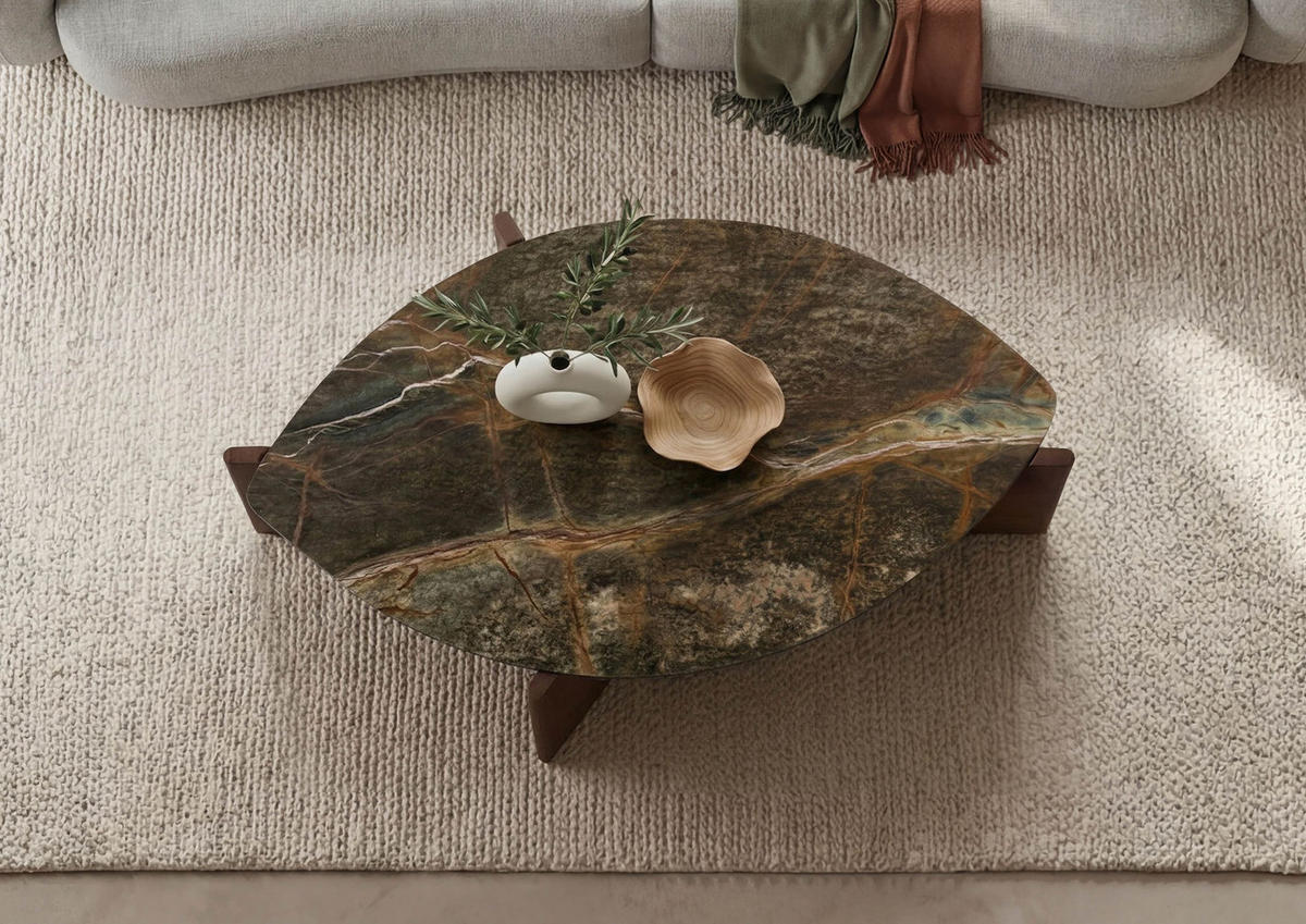 COUCHTISCH Akazie 115x65x35 braun lackiert / Marmor grün ORGANIC COLLECTION #27 - Braun, Holz (115/65/35cm) - Massivmoebel24