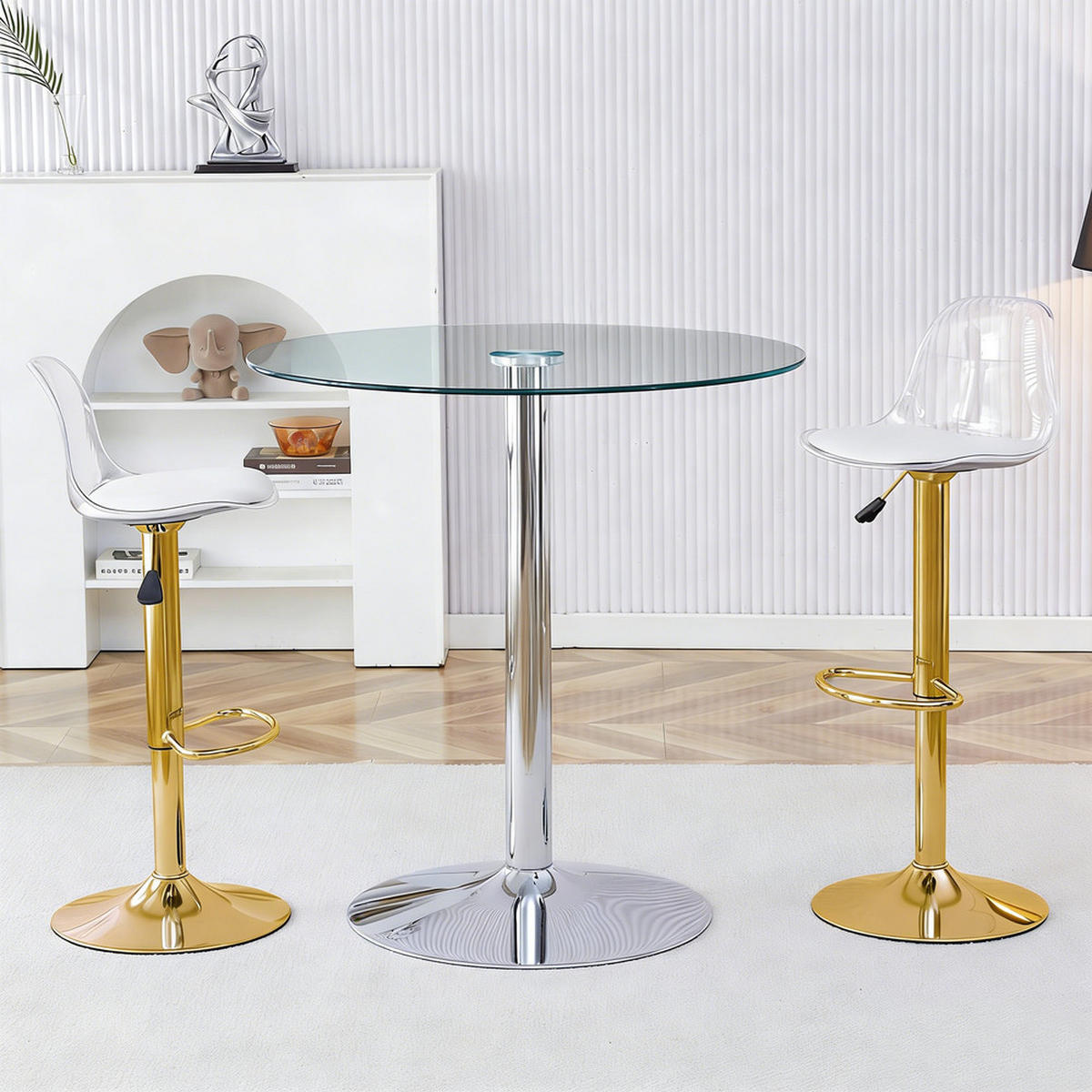 TISCHGRUPPE 3-tlg Glastisch 89 cm mit 2 Barhocker Drehbar Gold - Transparent/Goldfarben, Glas/Metall (49.5/50.5/52cm) - Raelunyi