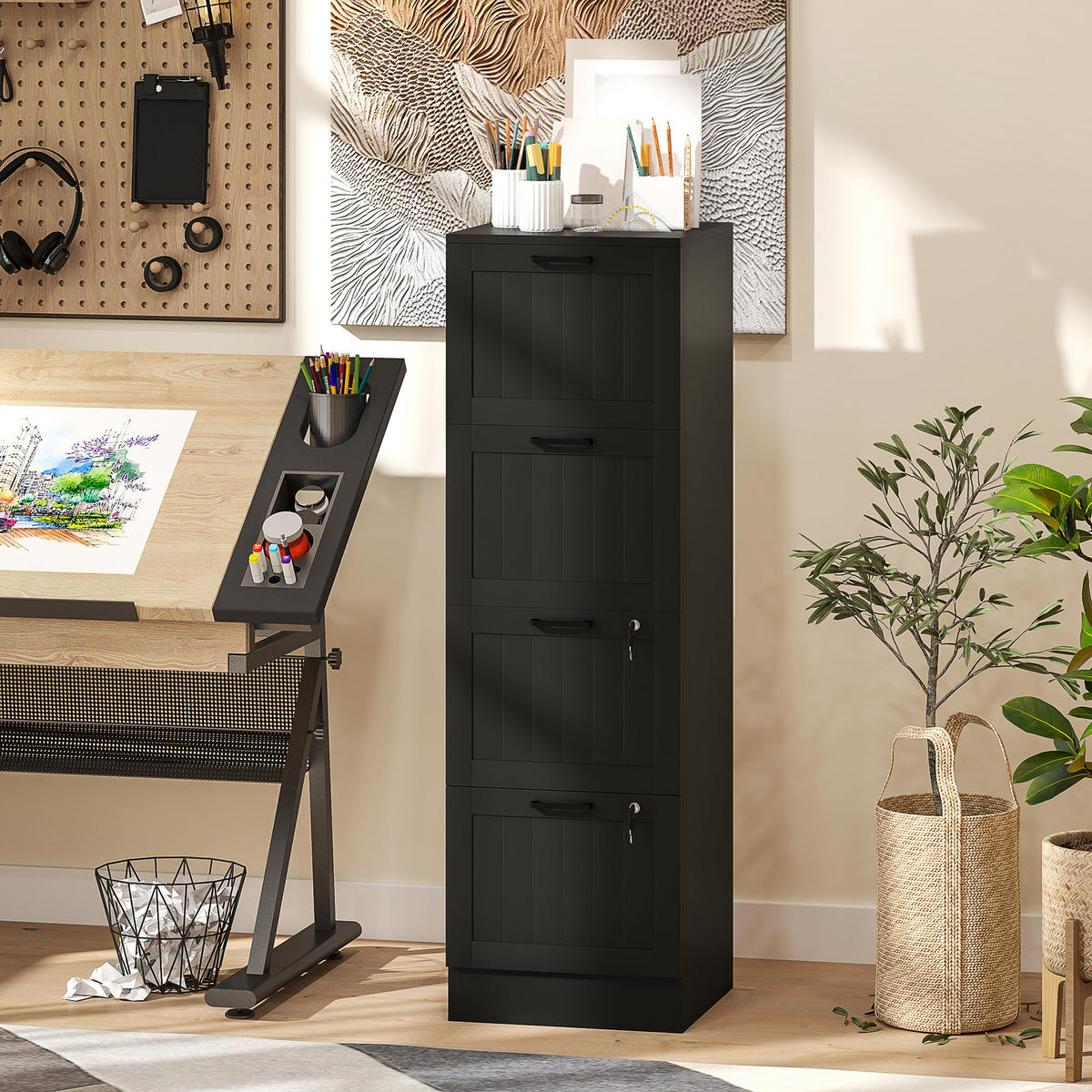 AKTENSCHRANK DE-14515 4 Schubladen abschließbar mit Hängeakten Schwarz - Schwarz, Holzwerkstoff (40/131/40cm) - ComfortXL