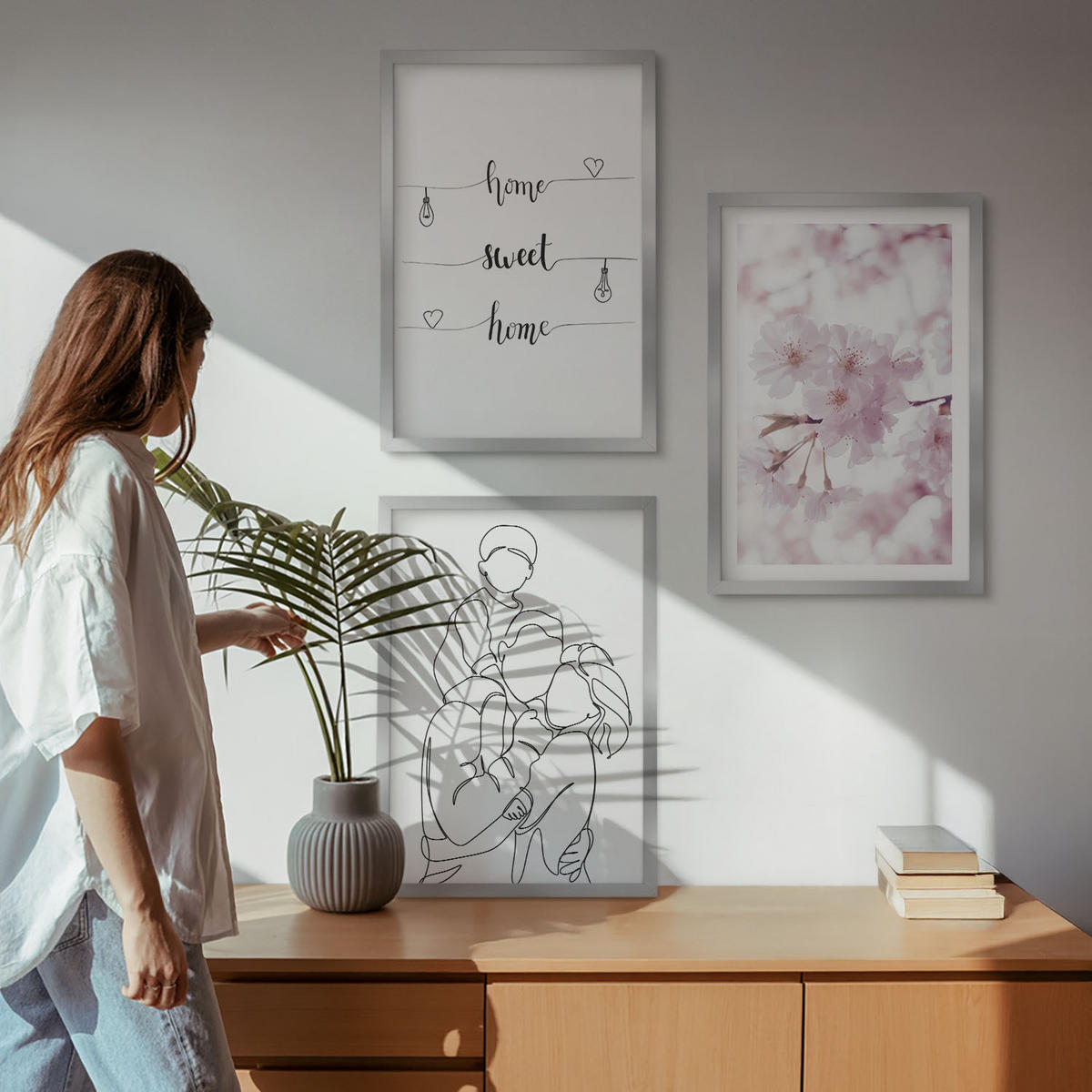 WANDBILDER 3er Set - 40x60 cm Silberner Rahmen - Blumenfamilie minimalistisch - Silberfarben, Kunststoff (40/60cm) - ArtPrintCave