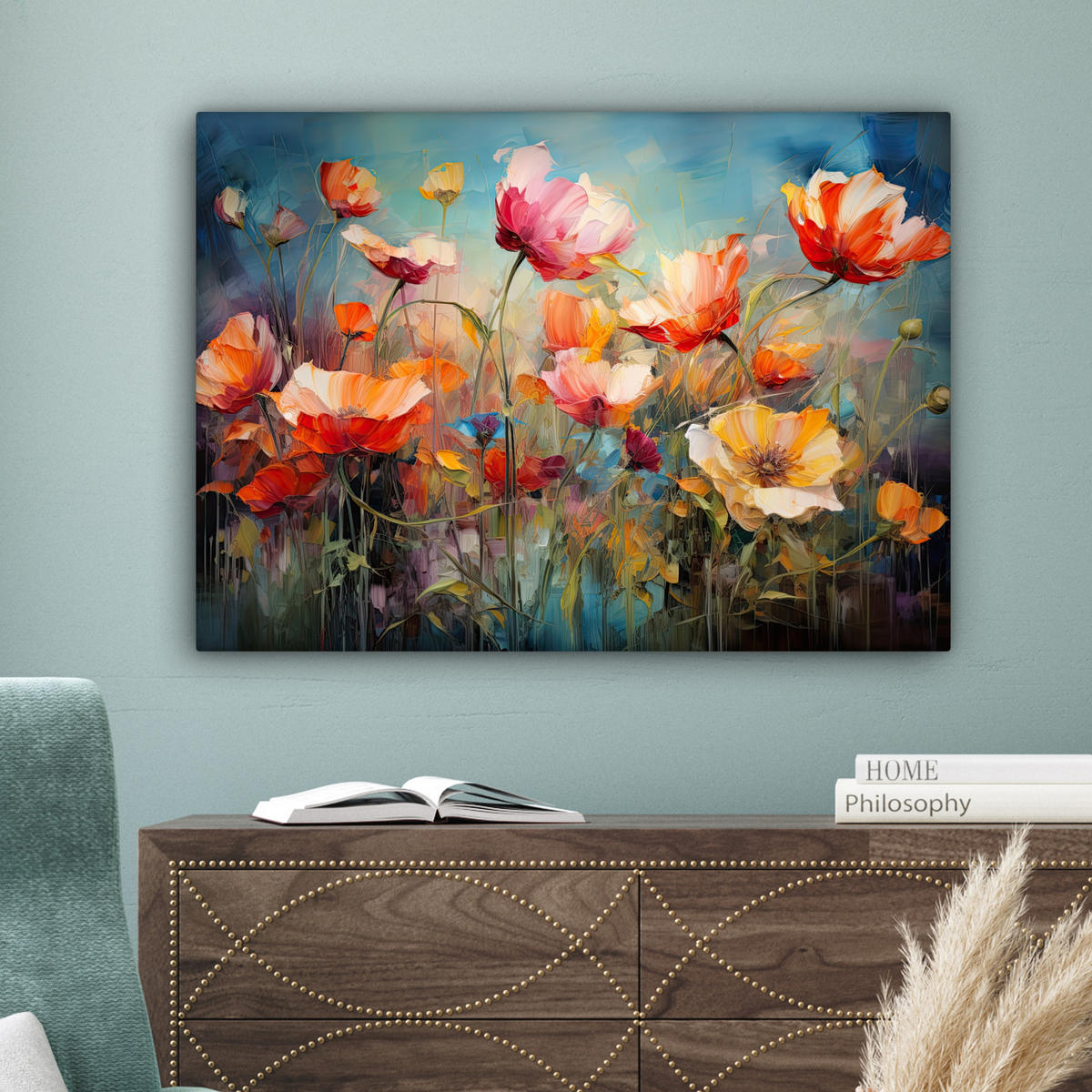 LEINWANDBILD Blumen - Aquarell - Kunst - Botanisch - Natur Wandbilder 80x60 cm - Orange, Textil (80/60cm) - MuchoWow