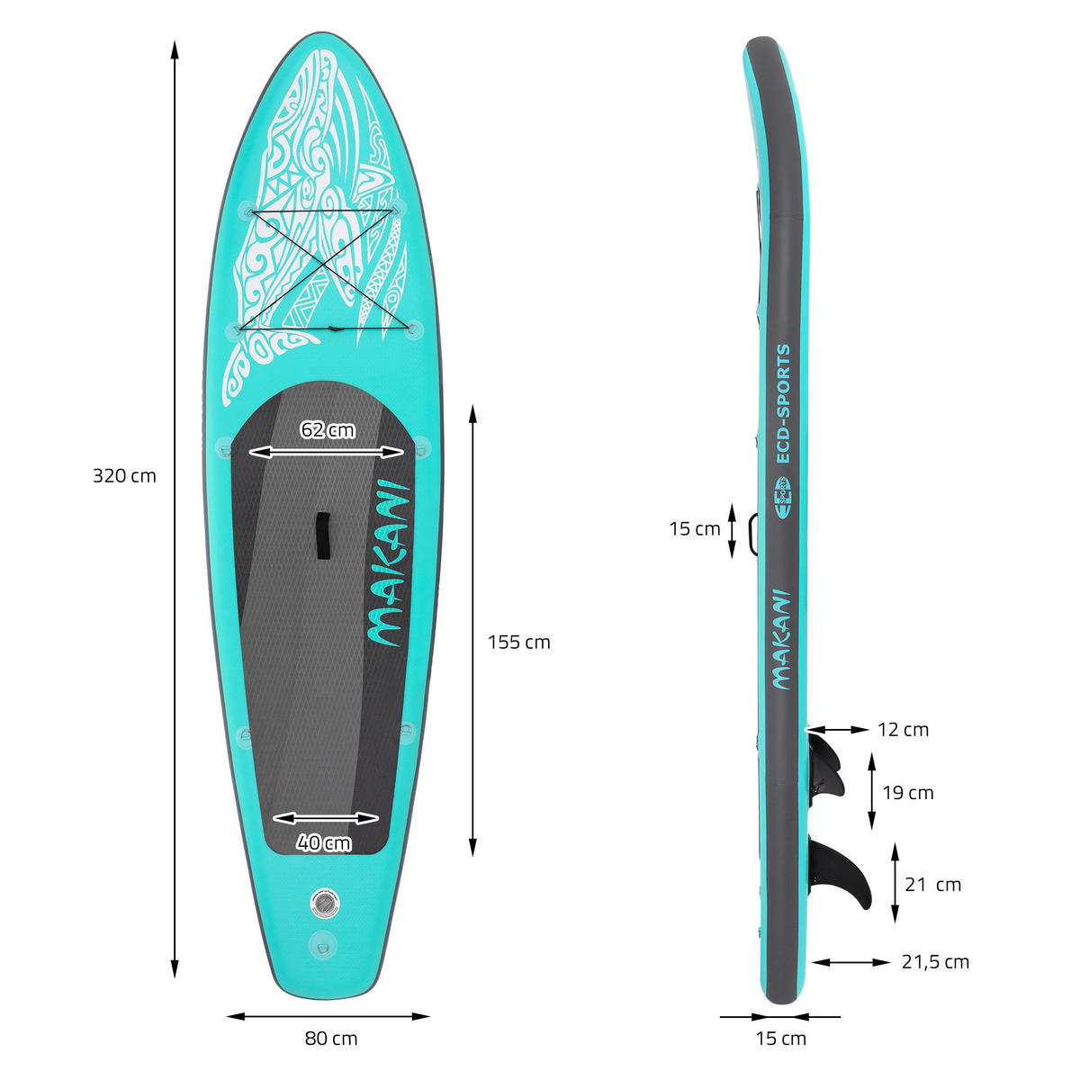 STAND UP PADDLE BOARD Makani Türkis - Türkis, Kunststoff (320/80/15cm) - ECD-Germany