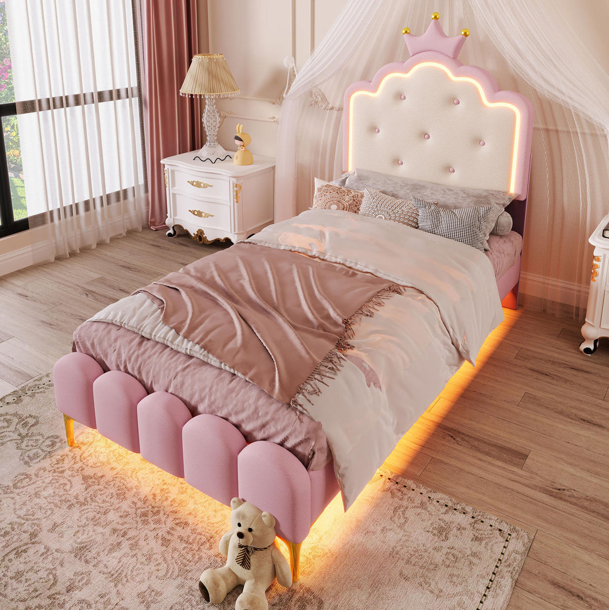 POLSTERBETT 90/200 cm Rosa mit Lattenrost und Ambiente-Licht - Rosa, Kunststoff (90/200cm) - OKWISH