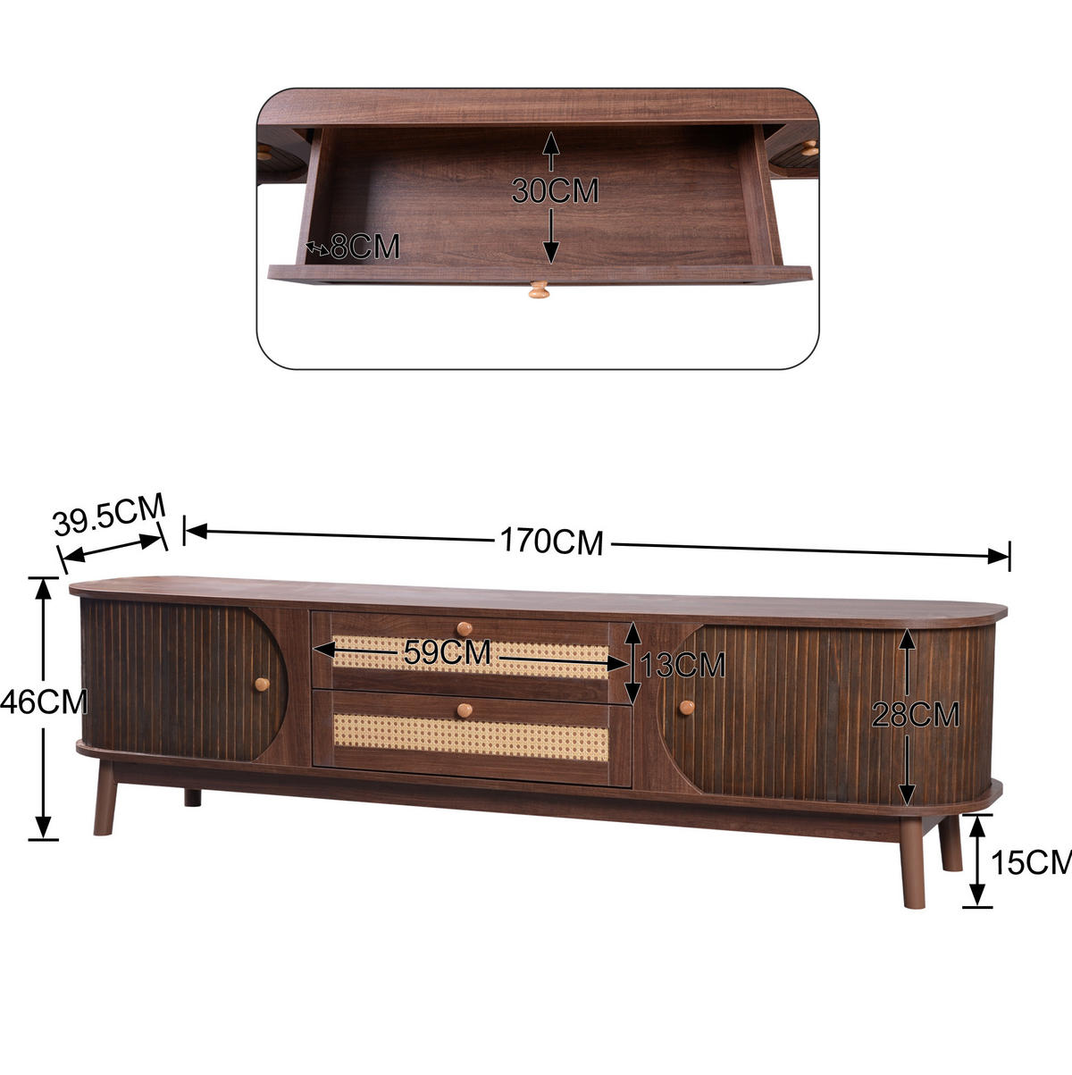 LOWBOARD 170/39,5/46 cm aus MDF mit Rattanfronten und Schiebetür Naturfarben - Naturfarben, Holzwerkstoff (170/46/39.5cm) - Modenvie