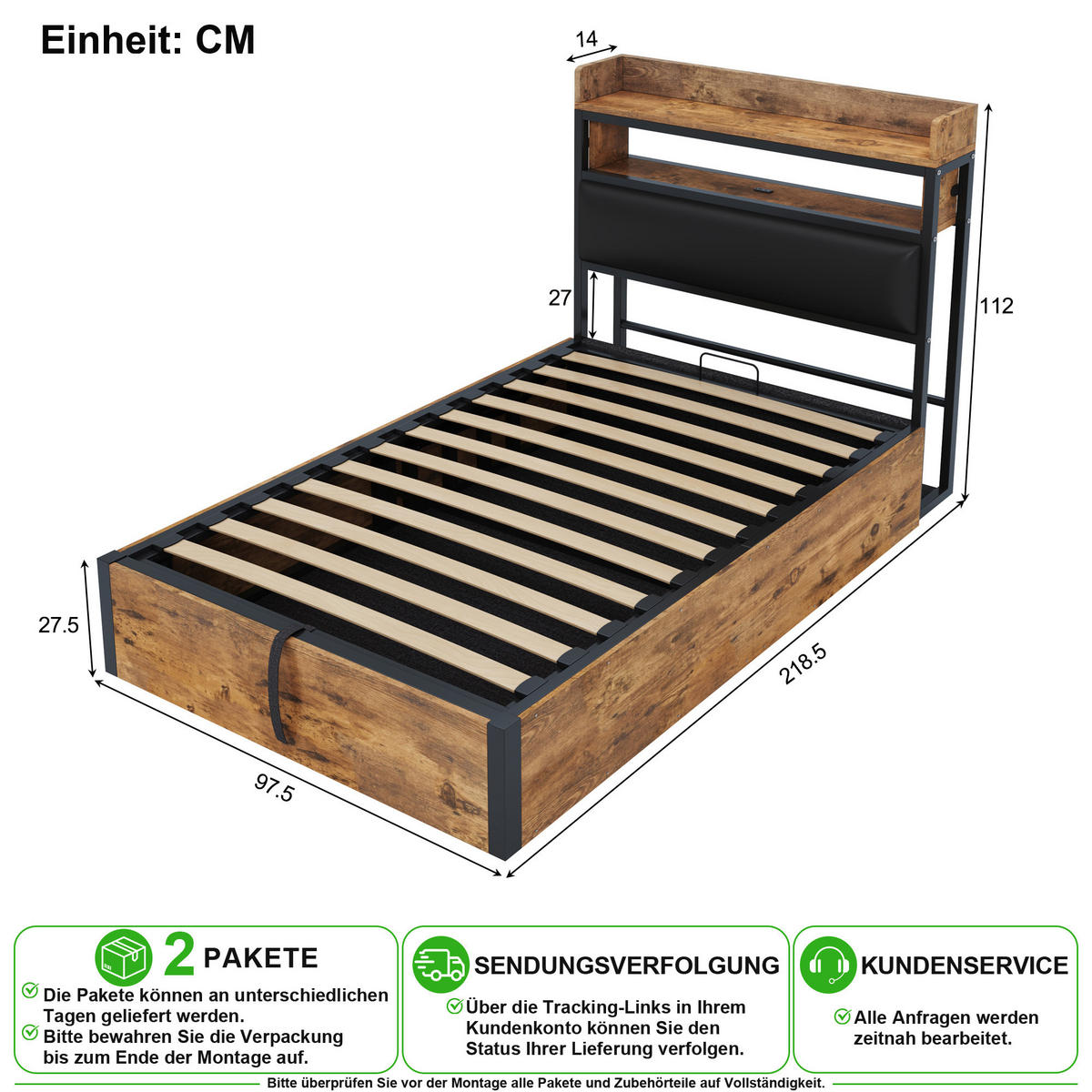 BETT 90/200 cm in Schwarz mit Stauraum, USB und Kopfteil in Holz- und Metalloptik - Schwarz, Holzwerkstoff/Textil (90/200cm) - CHICFURN