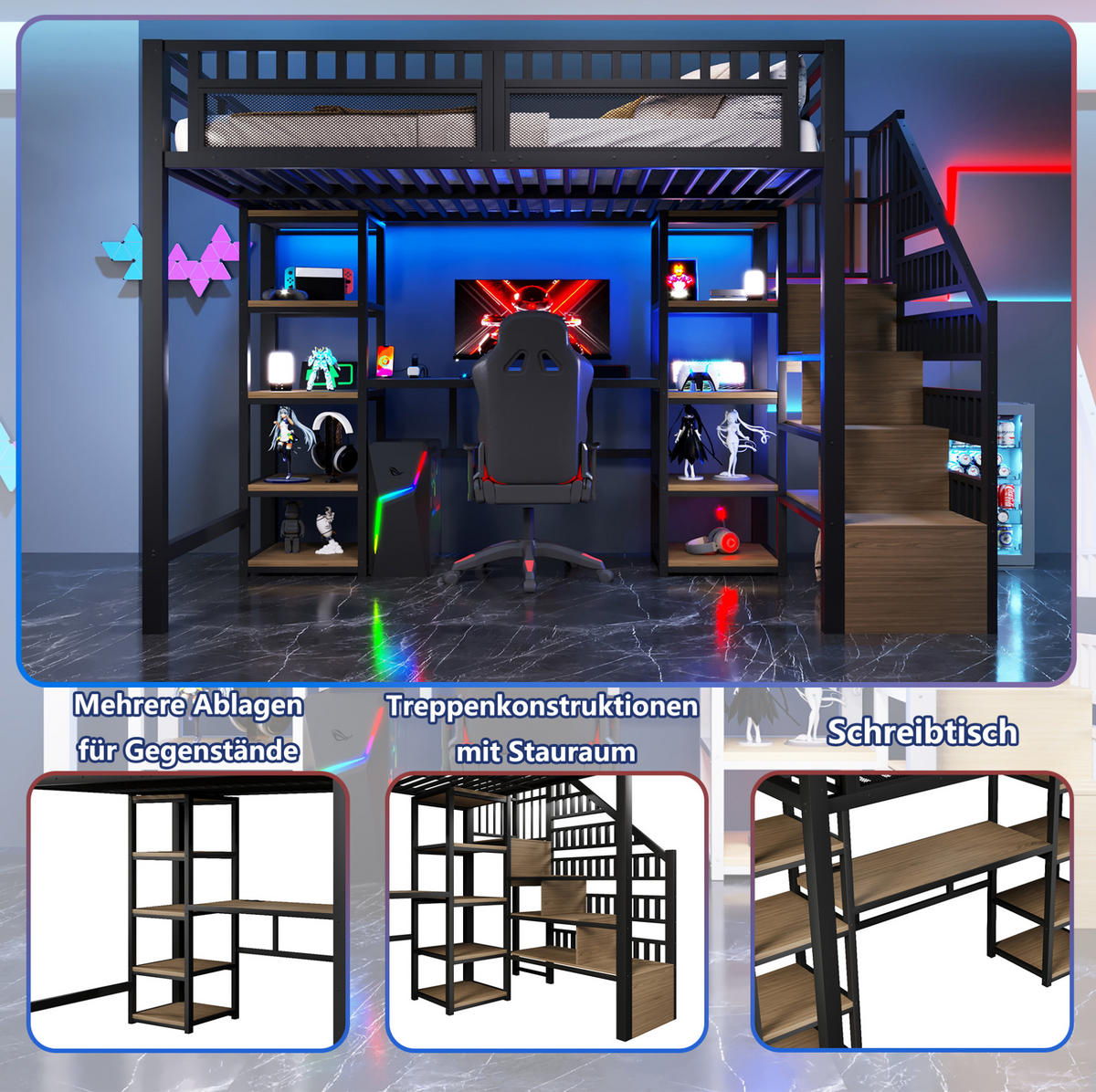HOCHBETT 140/200 cm aus Metall mit Schreibtisch, Stauraumleiter und LED-Beleuchtung - Schwarz, Metall (140/200cm) - Flora Grace