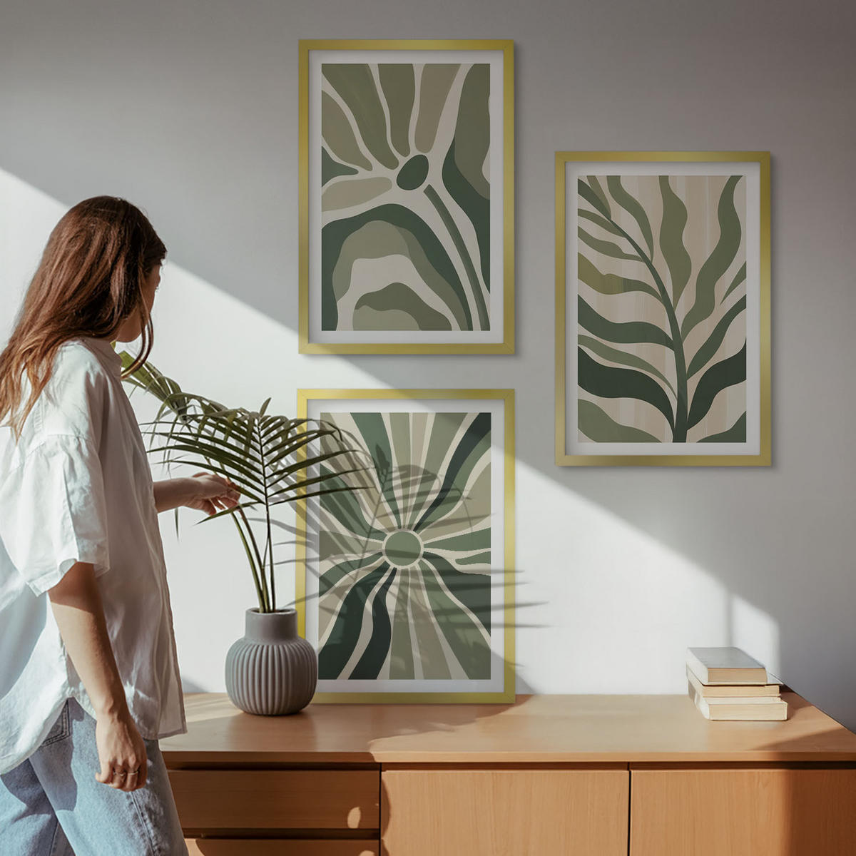 WANDBILDER 3er Set - 40x60 cm Goldrahmen - Grüne und beige Pflanzenmuster - Goldfarben, Kunststoff (40/60cm) - ArtPrintCave