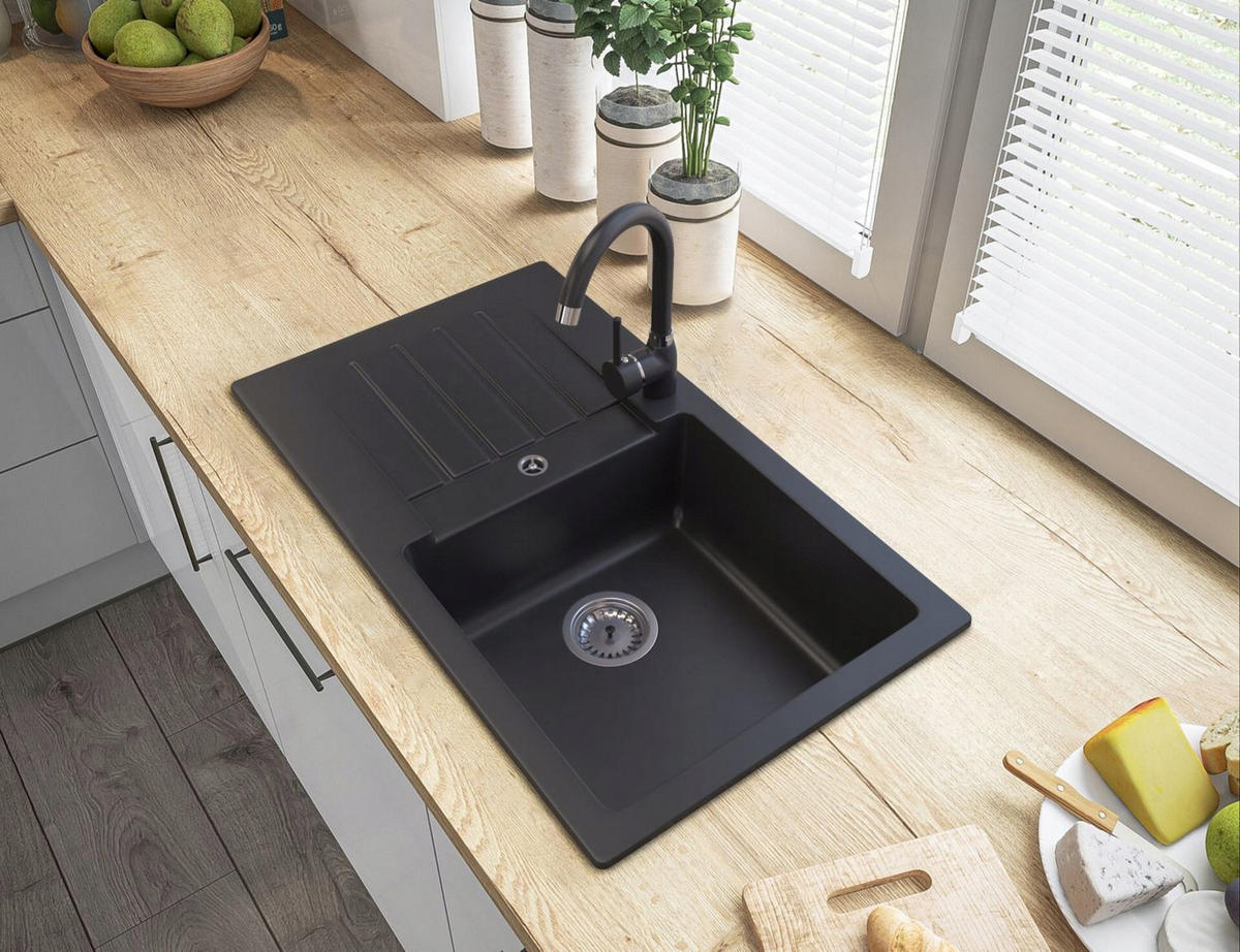 GRANITSPÜLE Trix mit Batterie Siphon - Schwarz, Kunststoff/Stein (44/16/76cm) - Granitan
