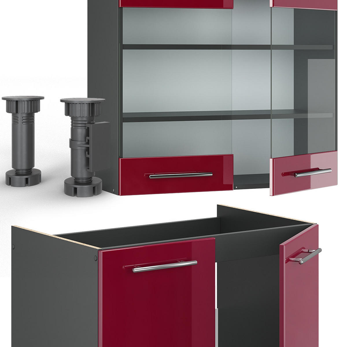 KÜCHENZEILE Fame-Line Bordeaux Hochglanz 240 cm, AP Eiche - Bordeaux/Anthrazit, Holzwerkstoff (240/81.6/60cm) - Vicco