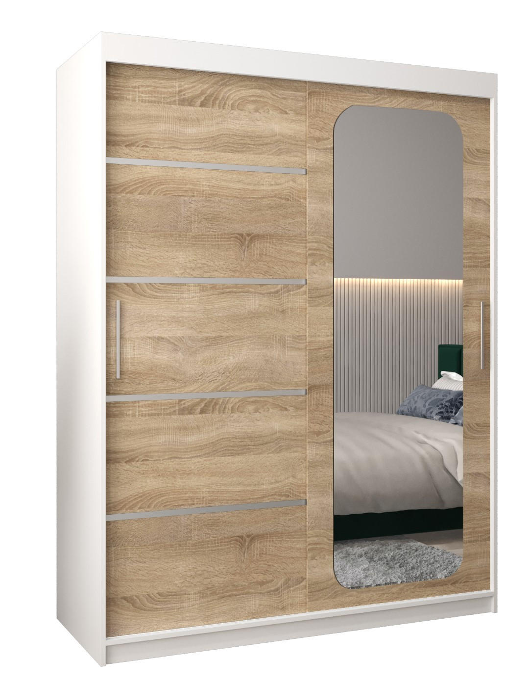 Abiks Möbel Schwebetürenschrank Weiß, Sonoma Eiche 150x200x62 cm