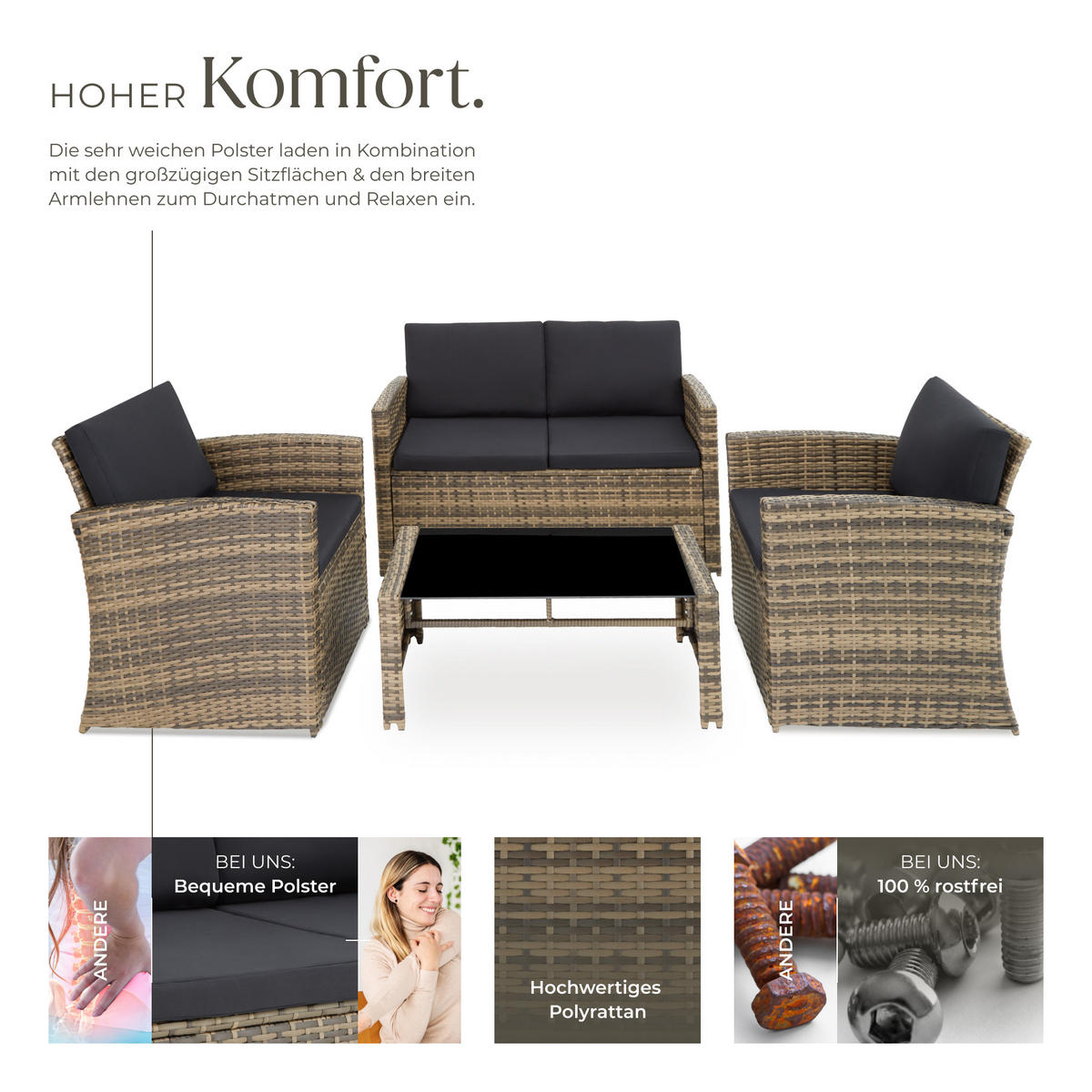 RATTANLOUNGE Jesolo,mit Sicherheitsglasplatte,natur/dunkelgrau - Naturfarben, Kunststoff - tectake