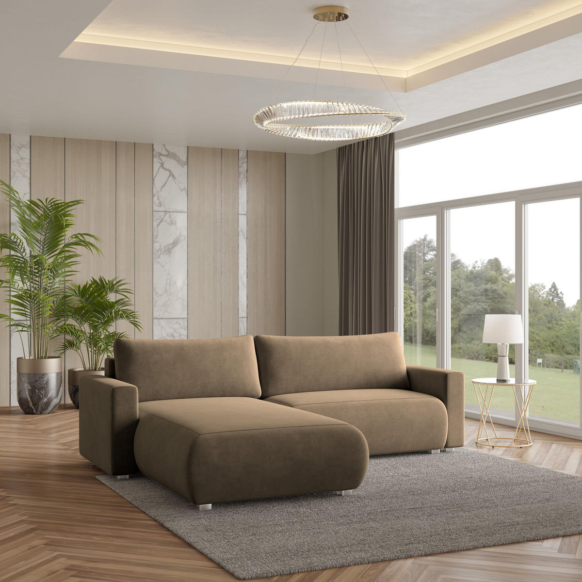ECKSOFA TURIN M Beige Velours-Stoff mit Schlaffunktion - Beige, Holz (265/183cm) - MASSENO