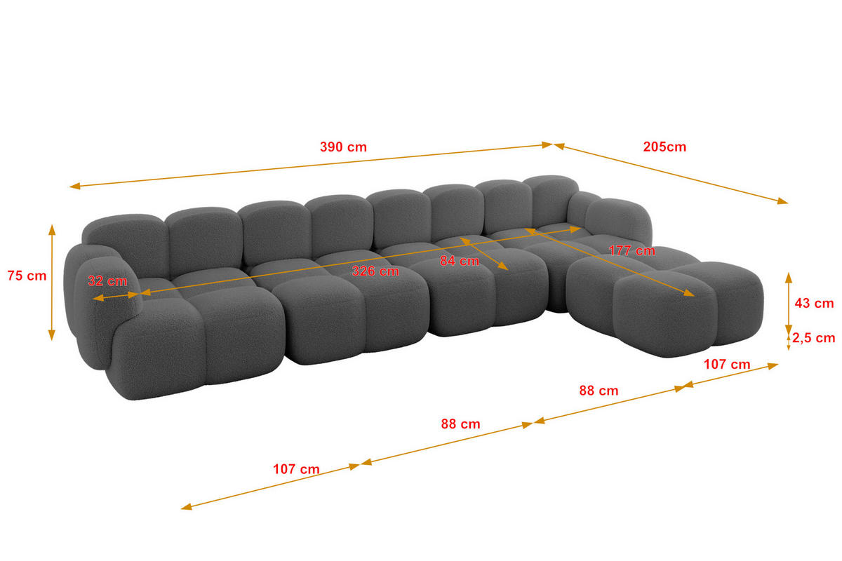 ECKSOFA modulares Sofa Rechts Miko-L3 390x205x75 Grau Bouclé - Chromfarben/Schwarz, Holzwerkstoff/Kunststoff (390/205cm) - ALTDECOR
