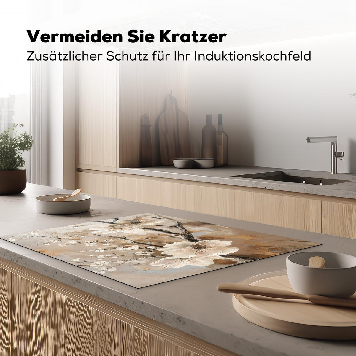 HERDABDECKPLATTE Blumen - Abstrakt - Gemalt - Beige 77x59 cm - Beige, Kunststoff (77/59/0.2cm) - MuchoWow