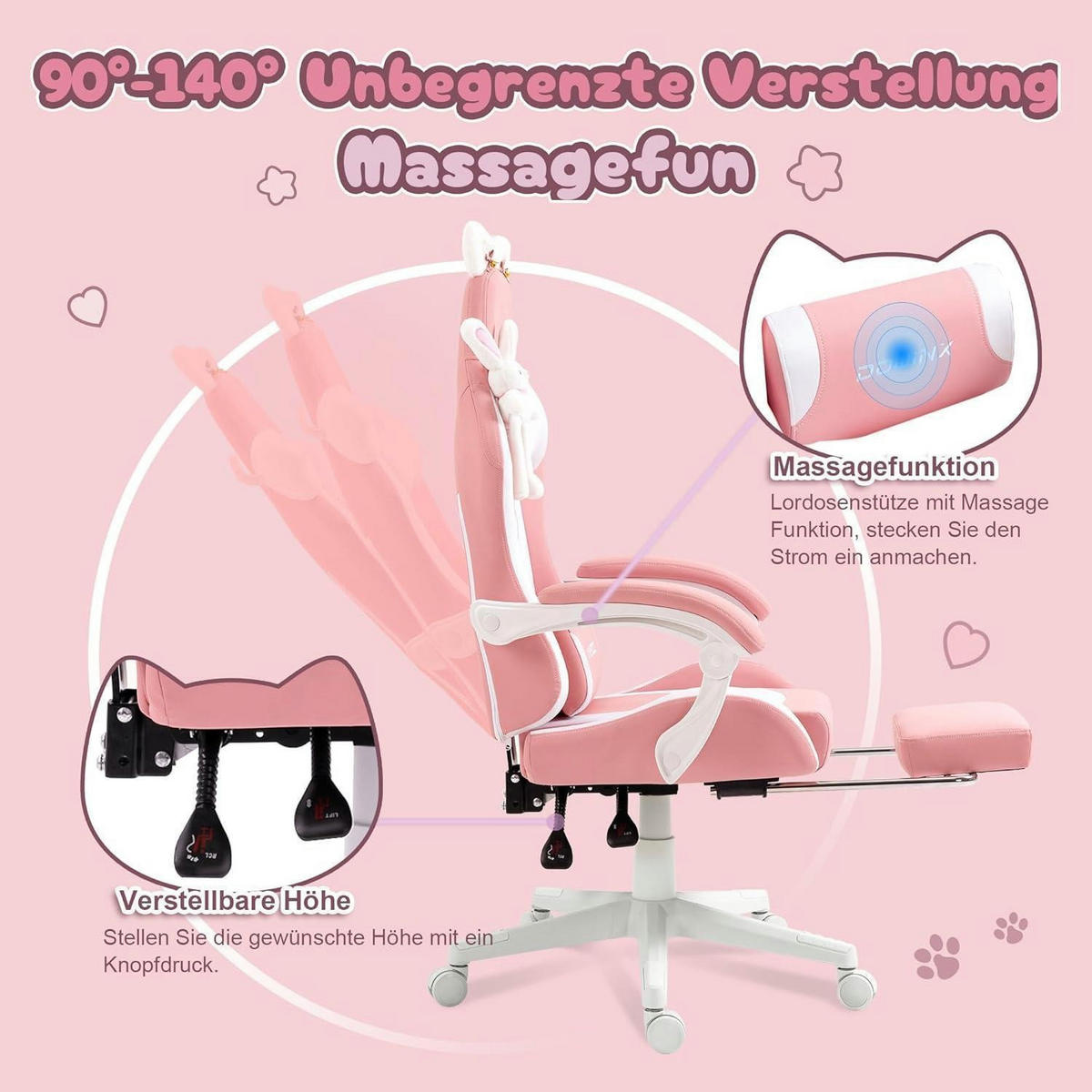 GAMING-STUHL mit Katzenmotiv Rosa mit Fußstütze - Rosa, Kunststoff (57/135/76cm)