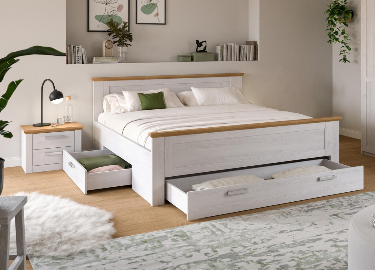 SCHLAFZIMMER weiß Lärche, Eiche Artisan Landhaus Set mit Bett inklusive Bettschubkästen, Nachttisch - Eichefarben/Silberfarben, Holzwerkstoff/Kunststoff (180/200cm) - Inn.Furn