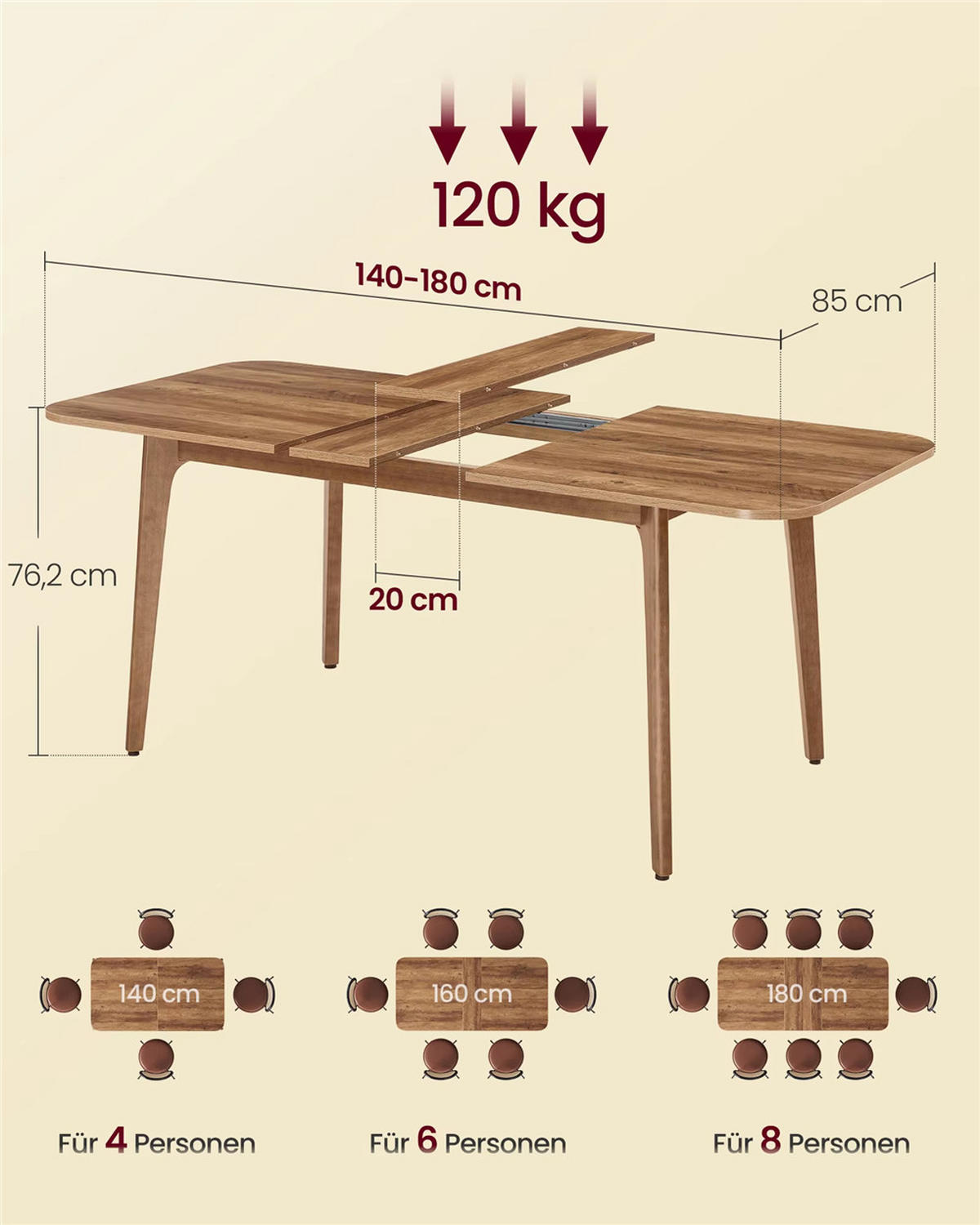 ESSTISCH ausziehbar 140–180 cm bis 120 kg belastbar - Braun, Holz (180/85/76.2cm) - Kaket