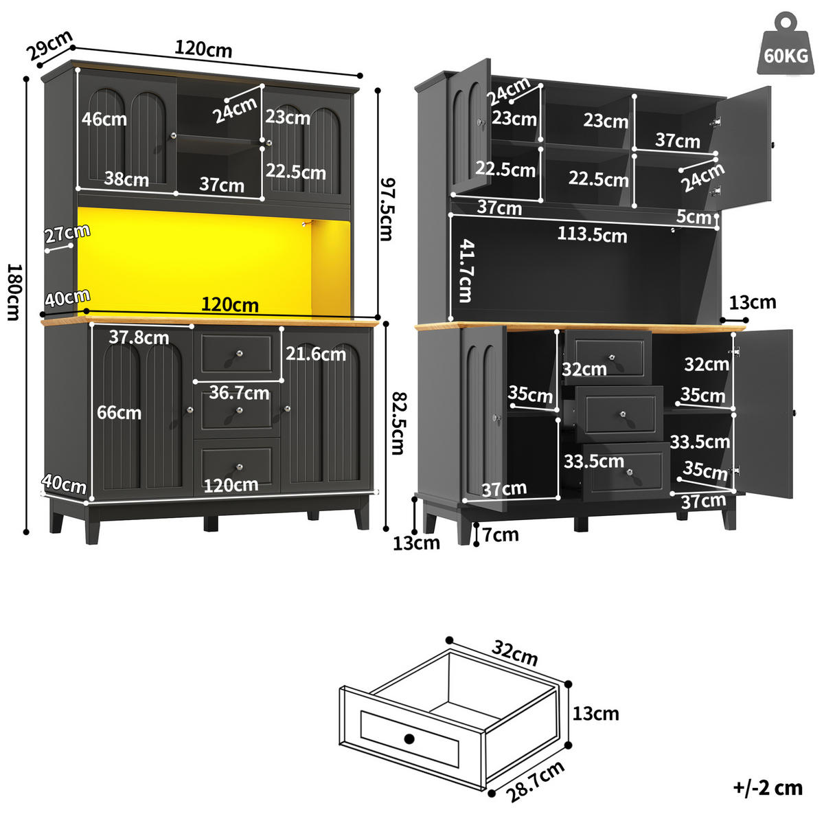 HOCHSCHRANK aus MDF in Holzoptik mit App-LED, 4 Türen und 3 Schubladen, 120/40/180 cm, Holzoptik，Schwarz - Schwarz, Holzwerkstoff (120/180/40cm) - Redom