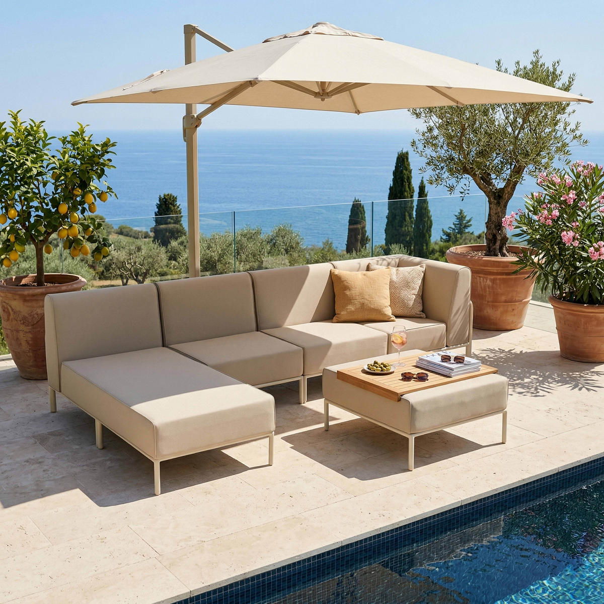 GARTENSOFA mit 5 Sitzplätzen, Beige - Beige, Textil (153/78/360cm) - Oviala