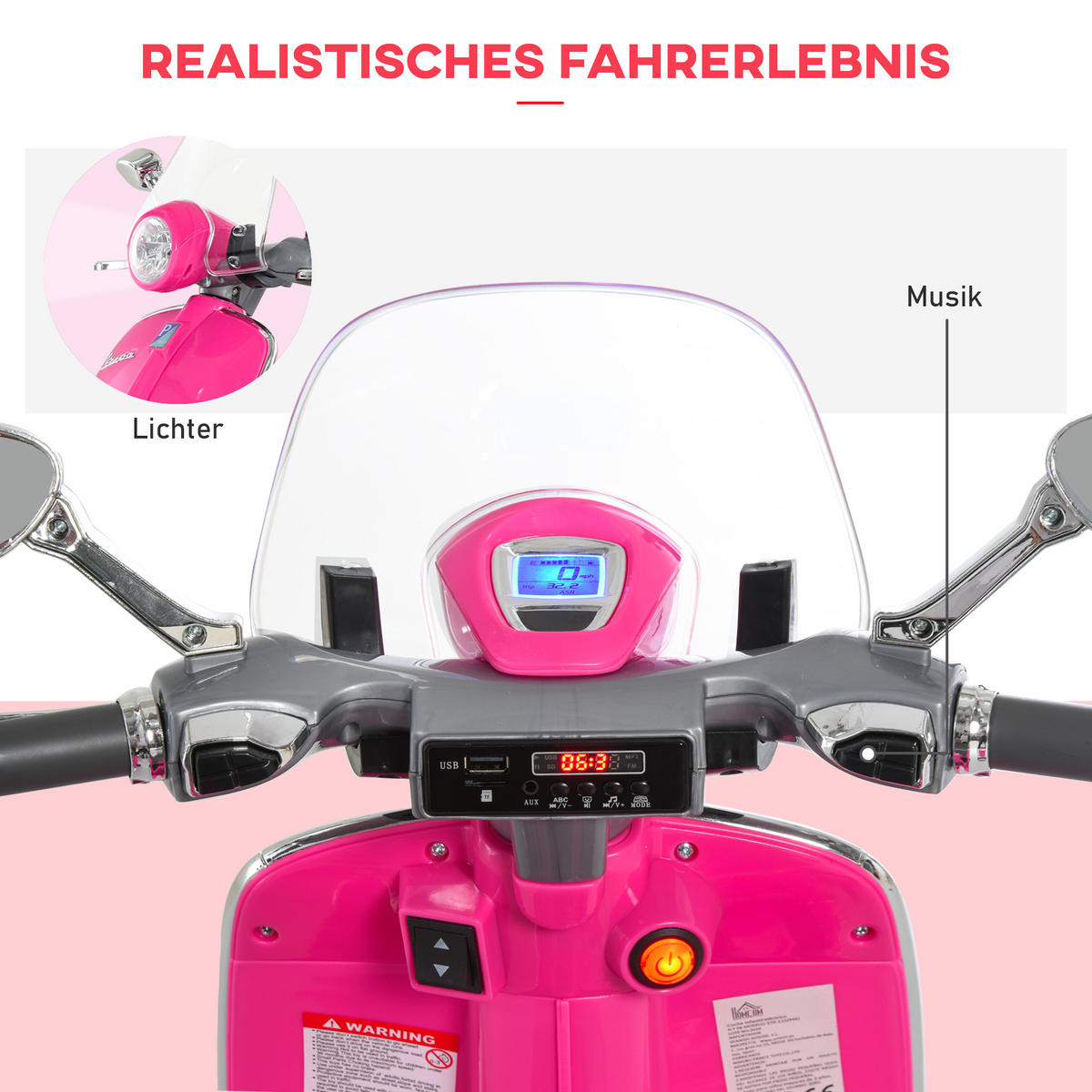 ELEKTRO-MOTORRAD für Kinder mit MP3-Musik, 3-6 Jahre, Kunstleder, Metall, 108 x 49 x 75 cm, Rosa - Rosa, Kunststoff/Metall (108/49/75cm) - HOMCOM