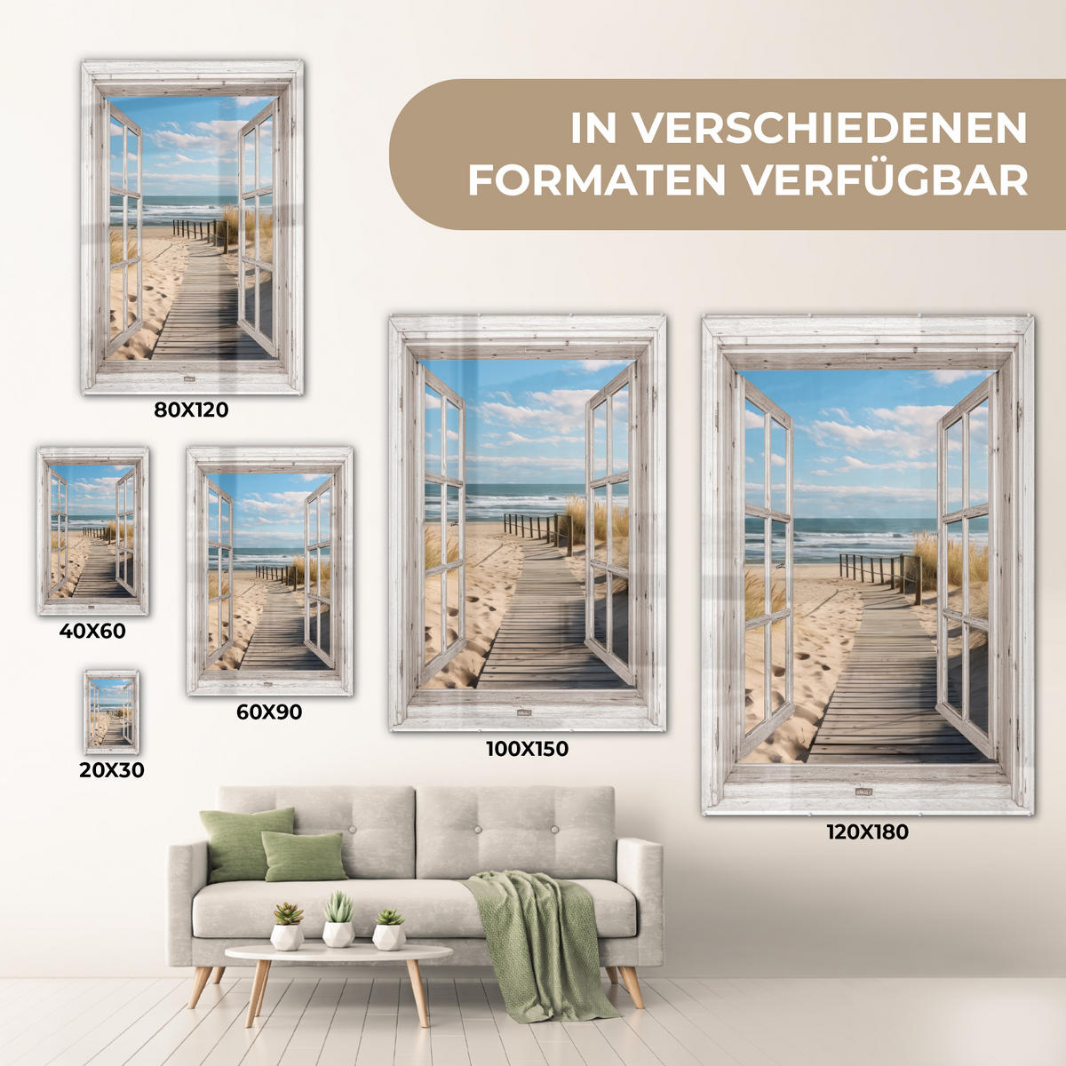 ACRYLGLASBILD Fenster - Meer - Küste - Natur - Ausblick - Strand - Wattenmeer 40x60 cm - Beige, Glas (40/60cm) - MuchoWow