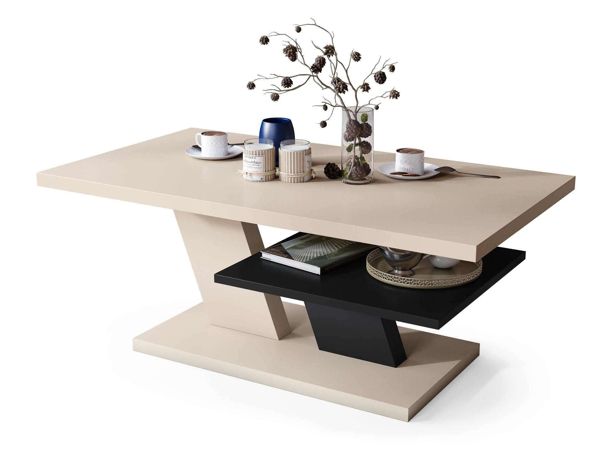 COUCHTISCH rechteckig Beige - Schwarz mit Ablage - Beige/Schwarz, Holzwerkstoff (60/110/45cm) - designimpex
