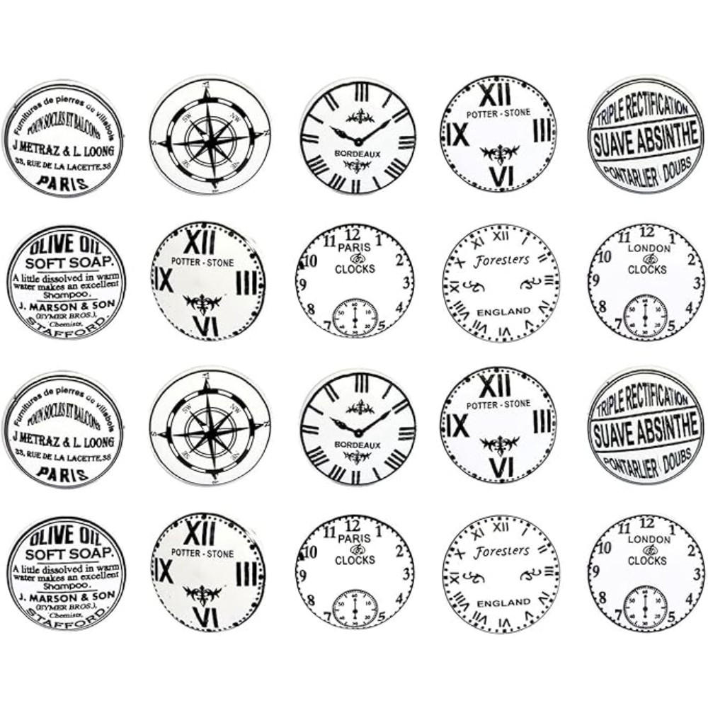 KERAMIKKNÖPFEN Set mit 20 mit verschiedenen Vintage-Uhrenmotiven 40 mm Durchmesser. - Weiß, Keramik (4/4/6.9cm) - Nacnic