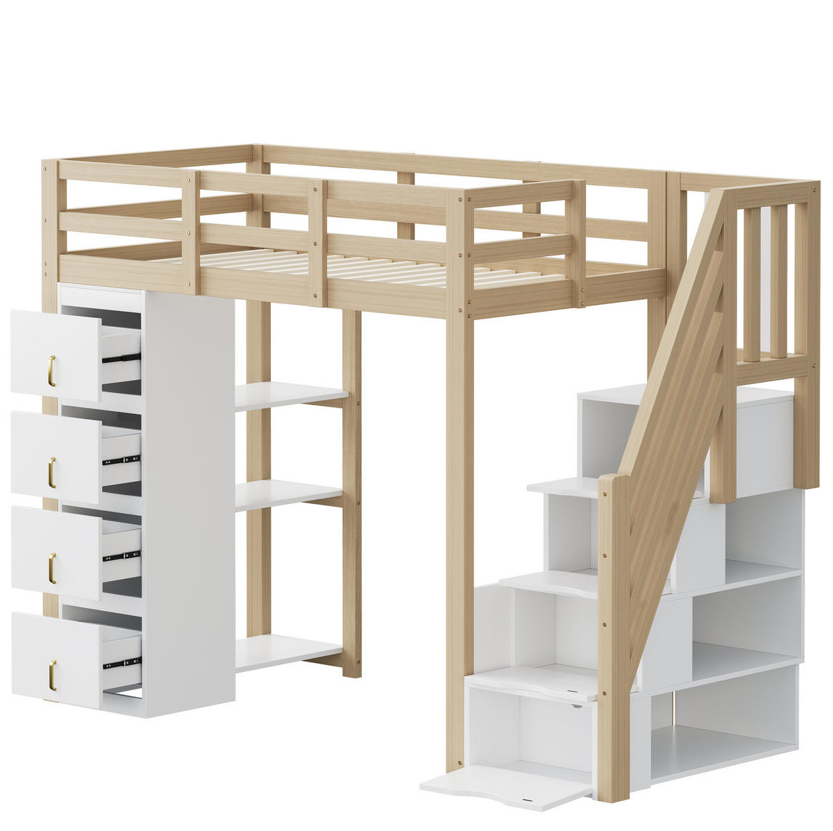KATNI krevet od borovine 90x200 cm boja prirodnog drva s 4 ladice, policama i sigurnosnim ljestvama - bijela, drvni materijal (90/200cm) - Modfu