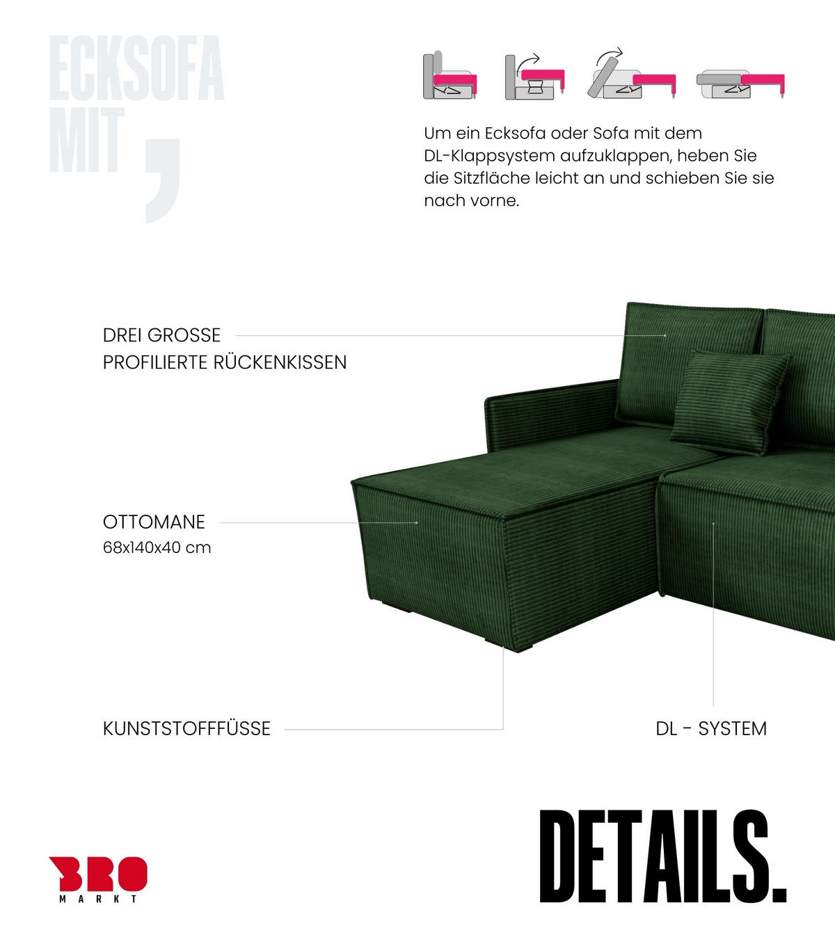 ECKSOFA Atlantic mit Schlaffunktion Grün Cord - Grün, Textil (238/141cm) - Bromarkt