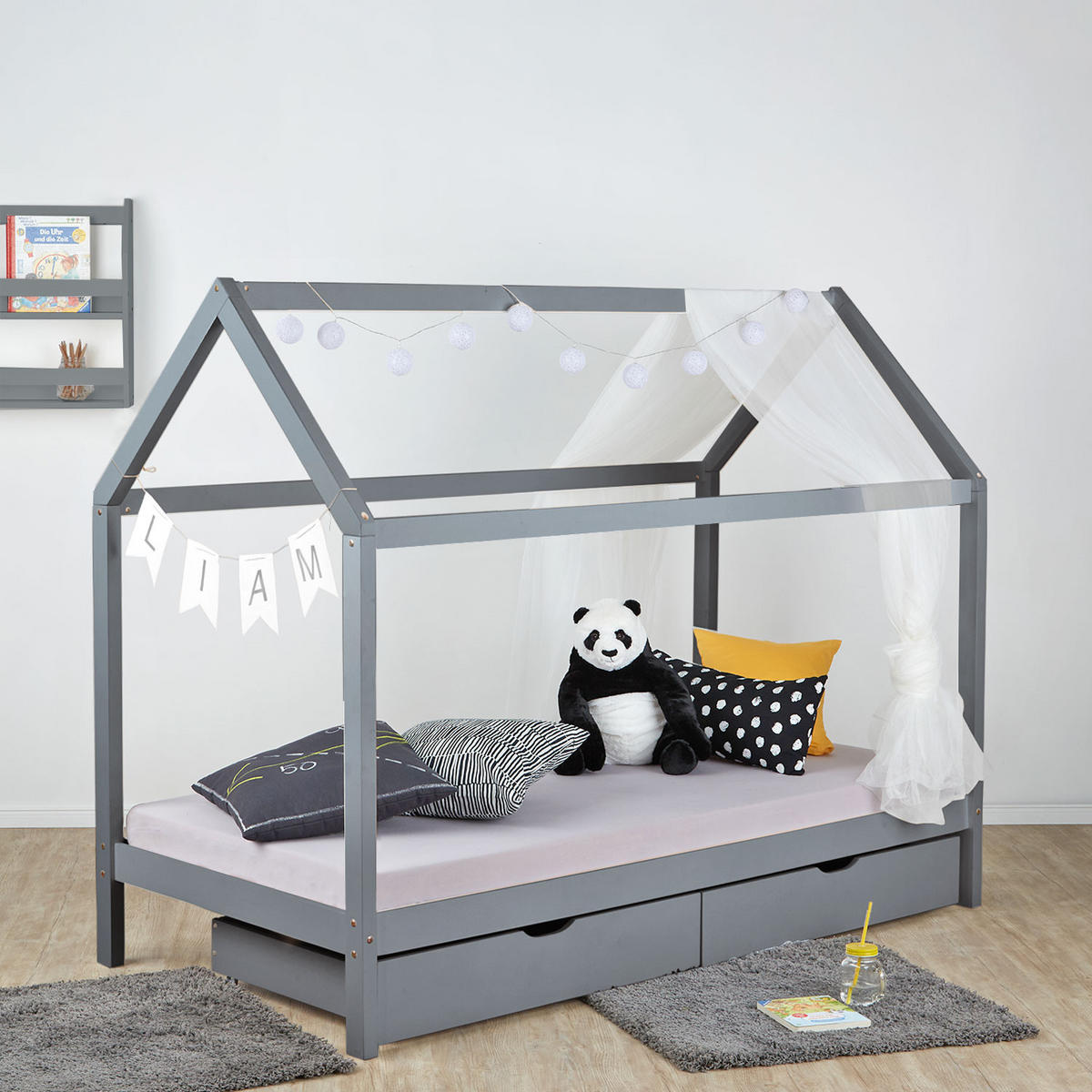 HAUSBETT mit Stauraum 90/200 cm Grau - Grau, Holz (206/160/98cm) - Homestyle4u