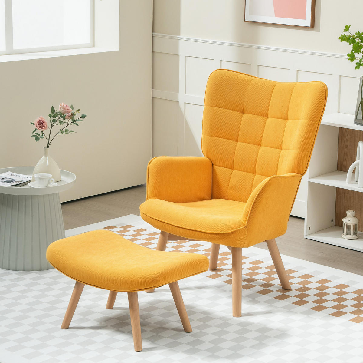 KŘESLO s podnožkou 72/80/101 cm oranžové z polyesteru s taburetem a bukovými nohami - pomerančová, textil (72/101/80cm) - OKWISH