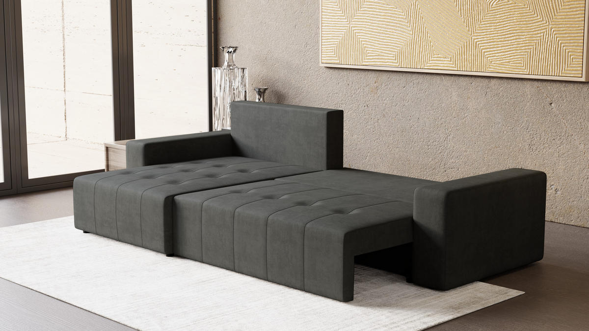 ECKSOFA Tico mit Bettkasten und Schlaffunktion, L-Form/XL-Form, Velourstoff, Universal - Graphitfarben, Holzwerkstoff (276/145cm) - 4ALL HOME