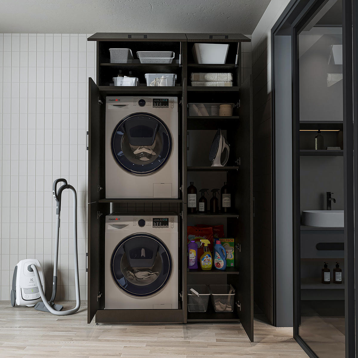 WASCHMASCHINENSCHRANK DORA-II 115cm Breit, 230cm Hoch - Schwarz, Holzwerkstoff (115/230/73.8cm)