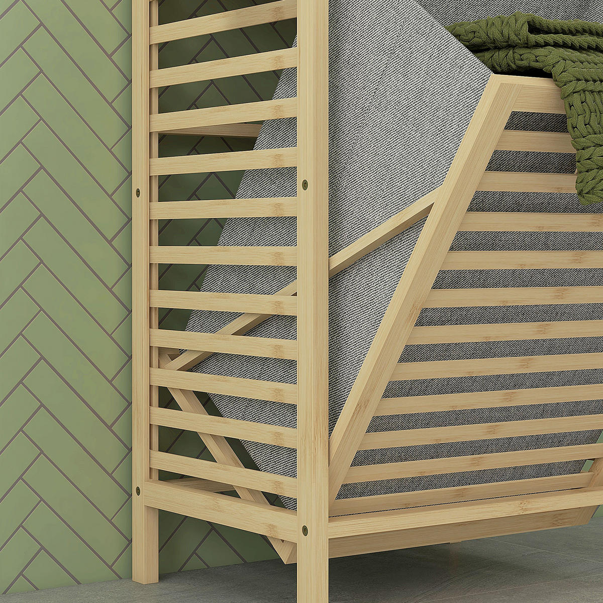 BADREGAL Bambus 44x33x160 cm – platzsparend, 3 offene Ablagen, ausziehbarer Stoffkorb, Kippschutz, hoher Sockel, Natur - Zwetschgeholzfarben, Textil (33/160/44cm) - Ej. Life