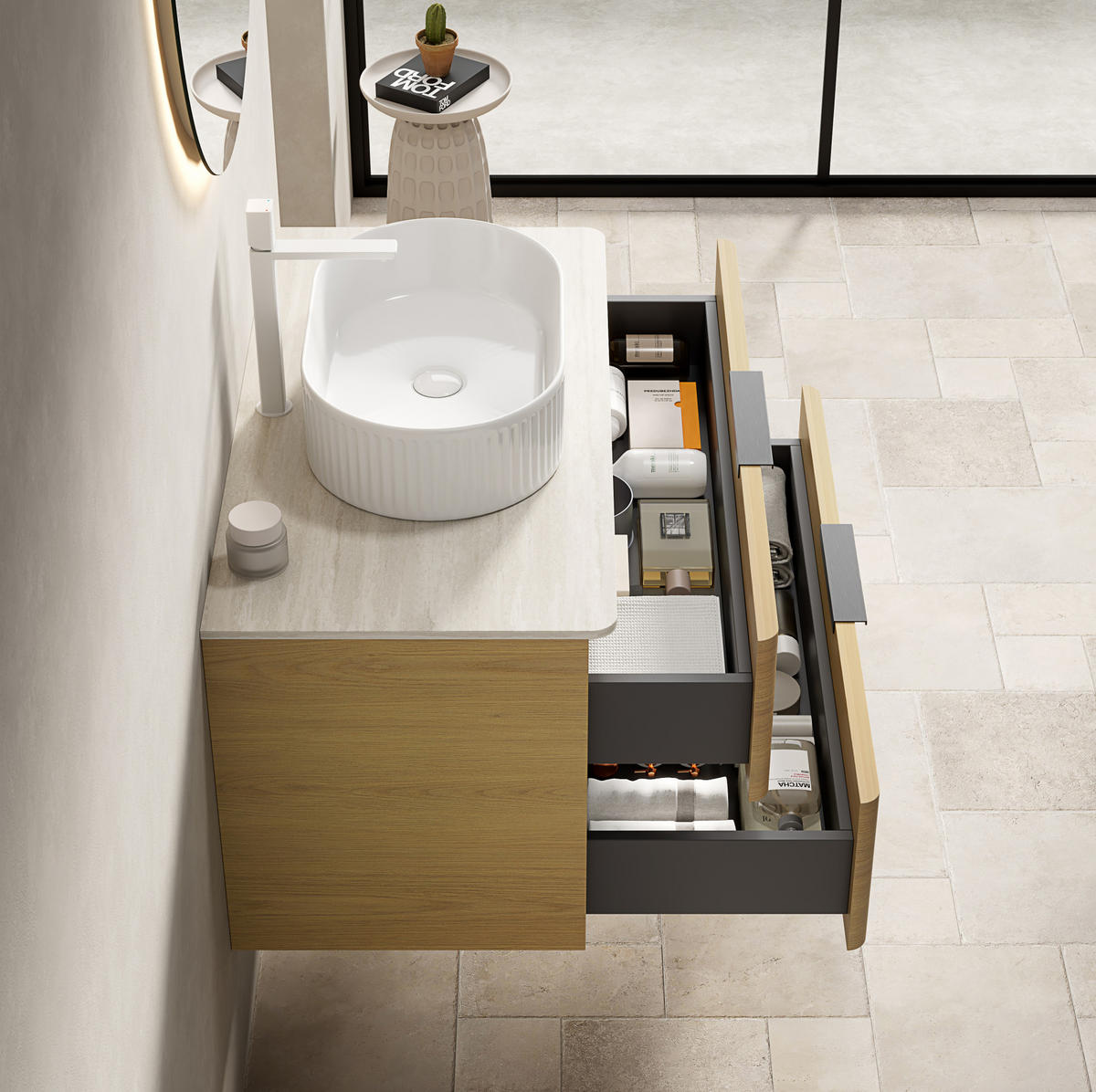 WASCHTISCHKOMBI 90x46x62.2cm Beige/Eiche/Weiß mit ovalem Keramikbecken & Travertin-Arbeitsplatte - Eichefarben, Keramik (90/62.2/46cm) - Modfu