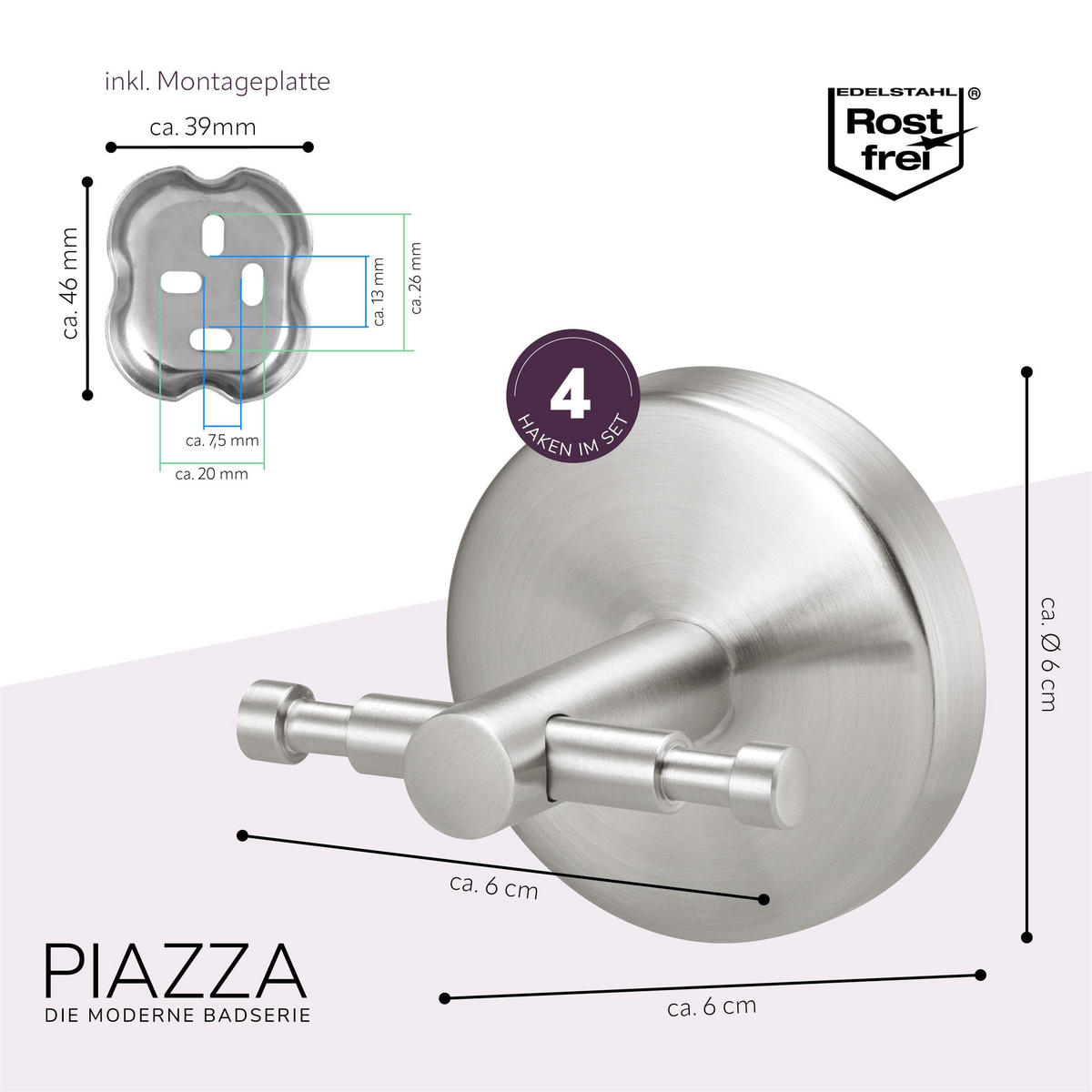 DOPPEL-WANDHAKEN 4er Set PIAZZA, Edelstahl - Edelstahlfarben, Metall (6/6/6cm) - bremermann