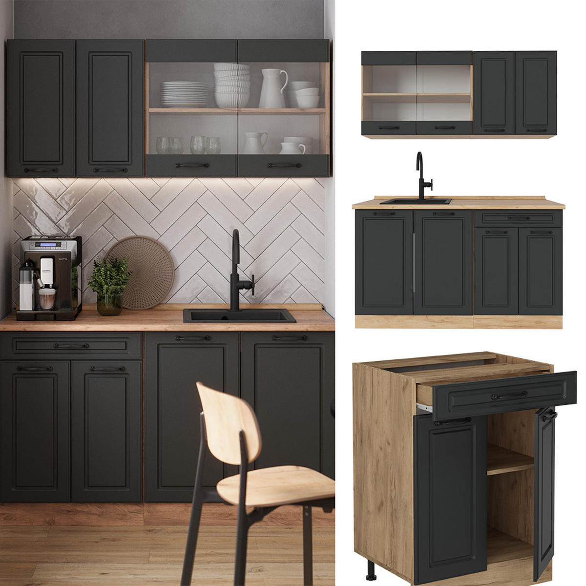 SINGLEKÜCHE R-Line Anthrazit Landhaus/Goldkraft Eiche 140 cm ohne Arbeitsplatte - Honigeiche/Anthrazit, Holzwerkstoff (140/81.6/46cm) - Vicco
