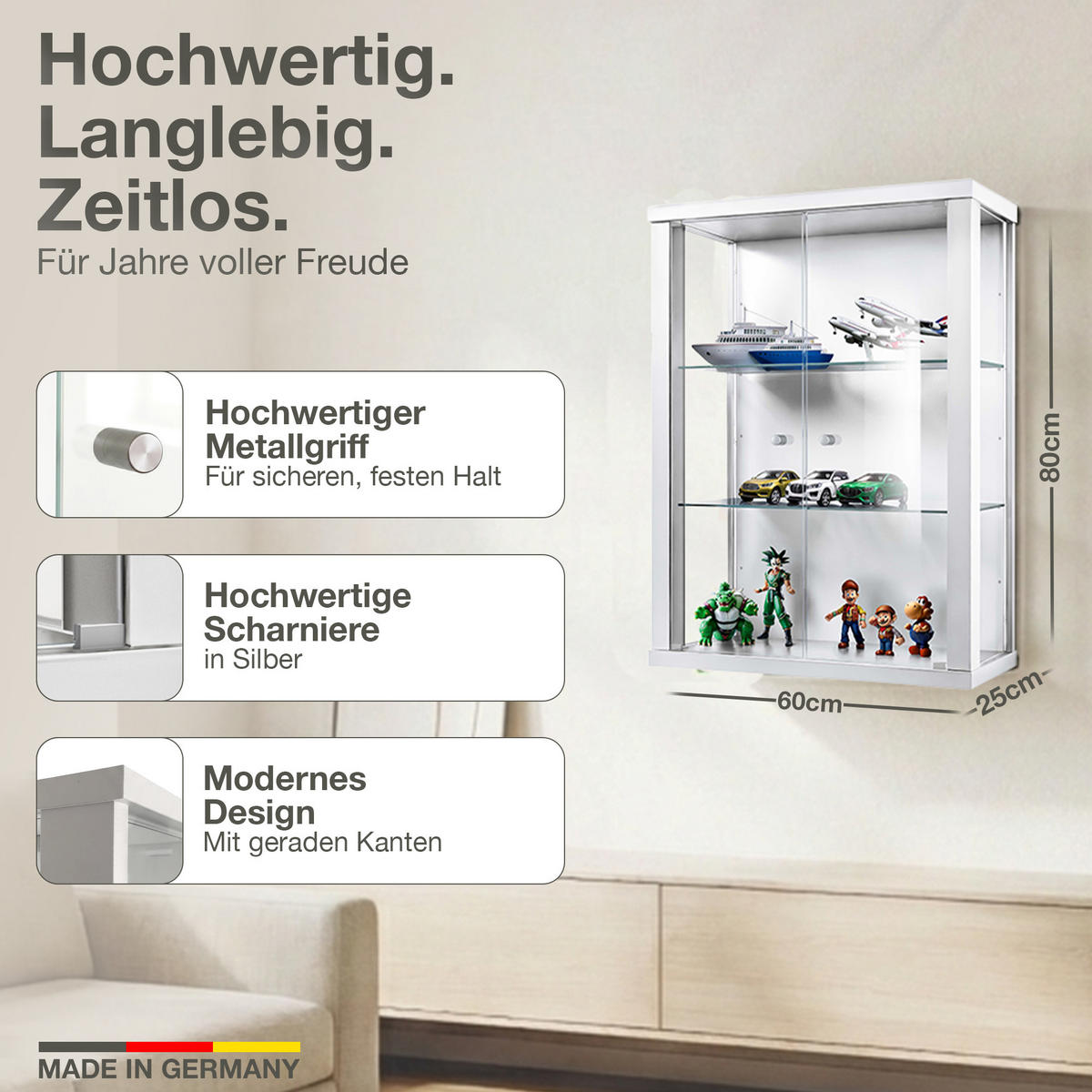 HÄNGEVITRINE 25/60/80 cm mit 2 höhenverstellbaren Glasböden - Transparent/Silberfarben, Glas/Holzwerkstoff (60/80/25cm) - K-Möbel