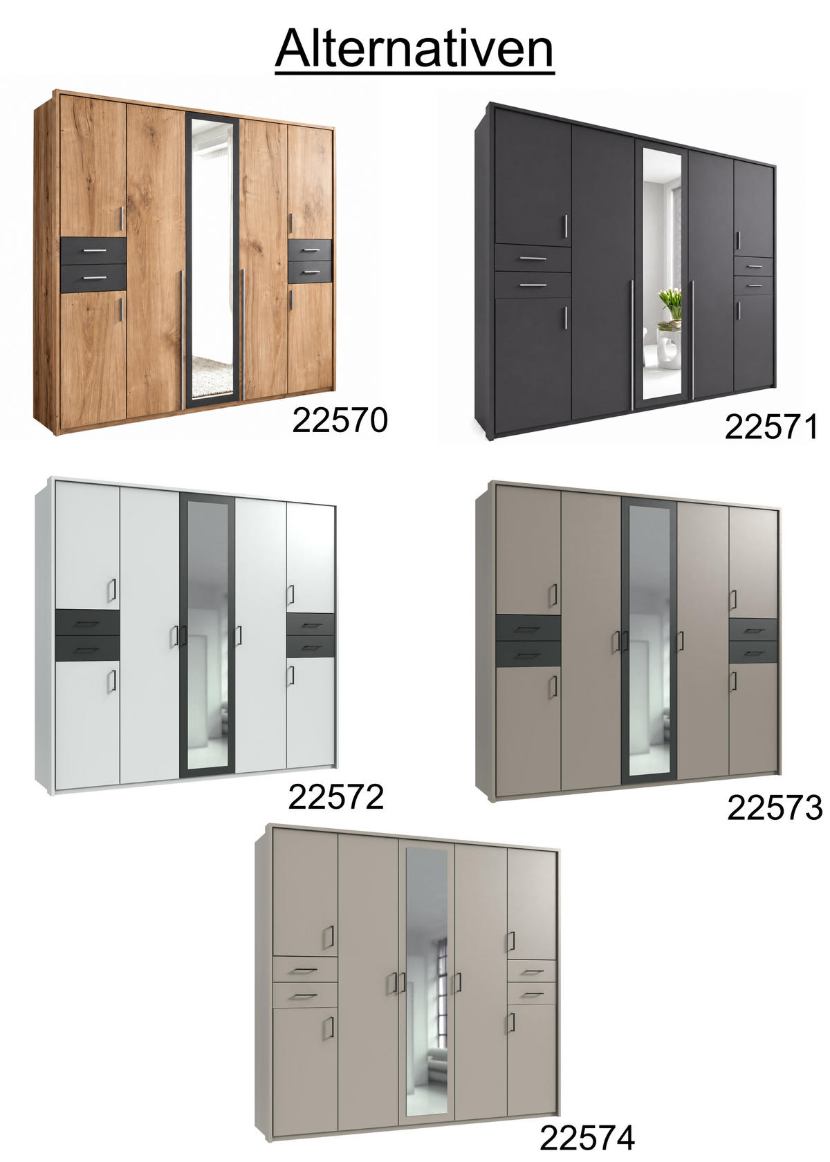 DREHTÜRENSCHRANK Kleiderschrank 228 cm mit Schubkästen & Passepartout & 1 Spiegeltür, Sand Grau mit Absetzungen in Grafit, Griffe schwarz / 22573 - Sandfarben/Graphitfarben, Holzwerkstoff/Metall (228/210/58cm) - luma-home